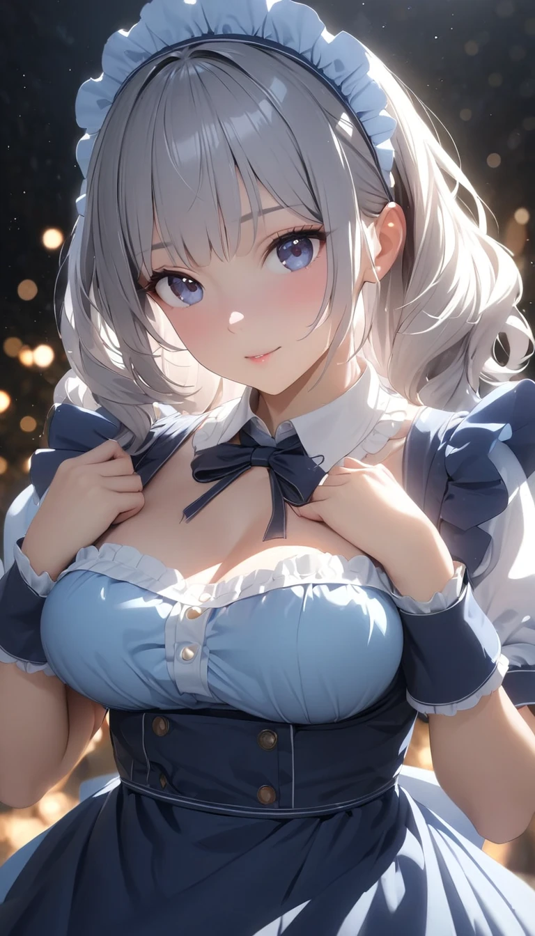   cosplay,  woman , ((Grey Hair)), (( Blue Maid Outfit)), (( white blouse)), Middle of chest, (light)))), ( pose))), (Photorealistic photos: 1.3), rim lighting, ( High Detail Skin :1.2), 8K UHD,  DSLR ,  High Quality ,  high definition , 4K, 8k, Bokeh,  absurd, Best ratio four fingers to thumb, (Genuine:1.3),  the cutest single girl 