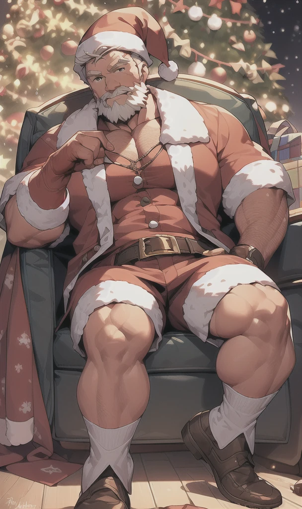 Middle-aged man, short white hair, white mustache, handsome masculine face, perverted expression, white beard, muscular body, huge chest, huge biceps, gray body hair, blue eyes and muscular thighs. He is wearing a sexual Santa Claus costume, wearing a black leather jockstrap with a huge bulge in the crotch, red harness on his chest, Santa Claus hat. He is sitting in a red leather armchair with his legs spread, with a whip in his right hand and a Christmas theme. Front angle.