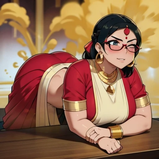 Alone, 1female,  Indian woman ,  black hair ,  hair tied in a headband ,  Tomboy Hairbang , Wearing glasses,  intensely blushing ,  sexy body,  Big Chubby Body ,   Dark Skin  , As I sharpen my teeth ,  relieved face ,  with one eye closed , soft lips, Red Saree , wearing Red Saree ,  wearing a gold necklace and earrings,  Wearing a gold bracelet ,  bow down , Fart,  huge farts , yellow smoke rising,   Hand On Tummy ,  sexy body,  bowing forward , Lining ,  Putting her hands on her stomach ,  By the River 