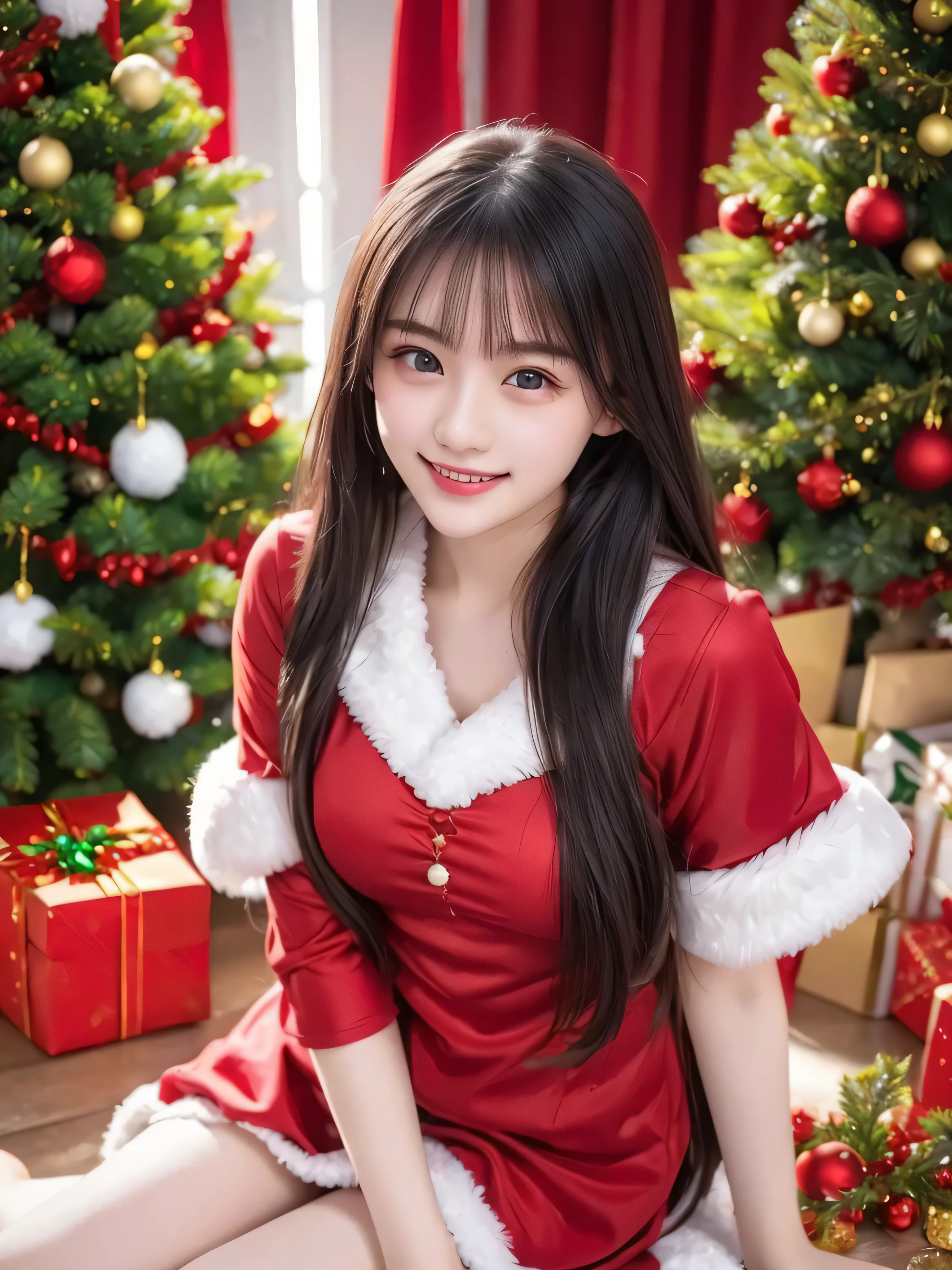 top quality、 super high resolution 、(Photographically: 1.4)、 beautiful eyes、 very beautiful 、 shiny hair、Thin hair、 Merry Christmas 、 red Santa Claus costume 、 Christmas tree、smile