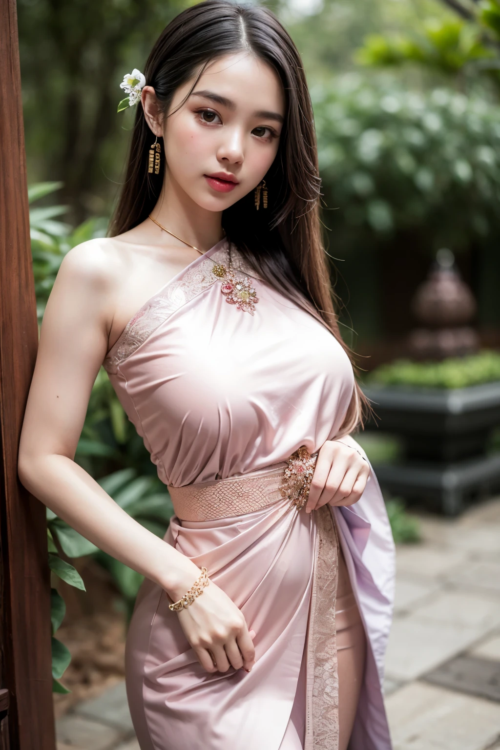 8K, ultra high detailed, an thai girl, cute face, happy, very long hair, impressive hairstyle, detailed eyes, detailed lips, thai clothes, pink dress, lace, wearing jewellery, nature background, flowers, afternoon, shadow, clear weather, whole body capture
