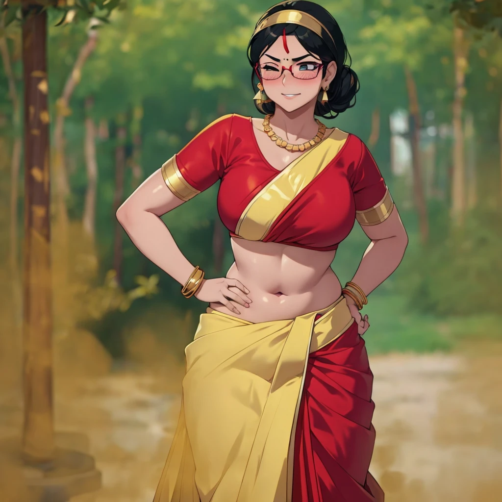 Alone, 1female,  Indian woman ,  black hair ,  hair tied in a headband ,  Tomboy Hairbang , Wearing glasses,  intensely blushing ,  sexy body,  Big Chubby Body ,   Dark Skin  , As I sharpen my teeth ,  relieved face ,  with one eye closed , soft lips, Red Saree , wearing Red Saree ,  wearing a gold necklace and earrings,  Wearing a gold bracelet ,  bow down , Fart,  huge farts , yellow smoke rising,   Hand On Tummy ,  sexy body,  bowing forward , Lining ,  Putting her hands on her stomach ,  By the River 