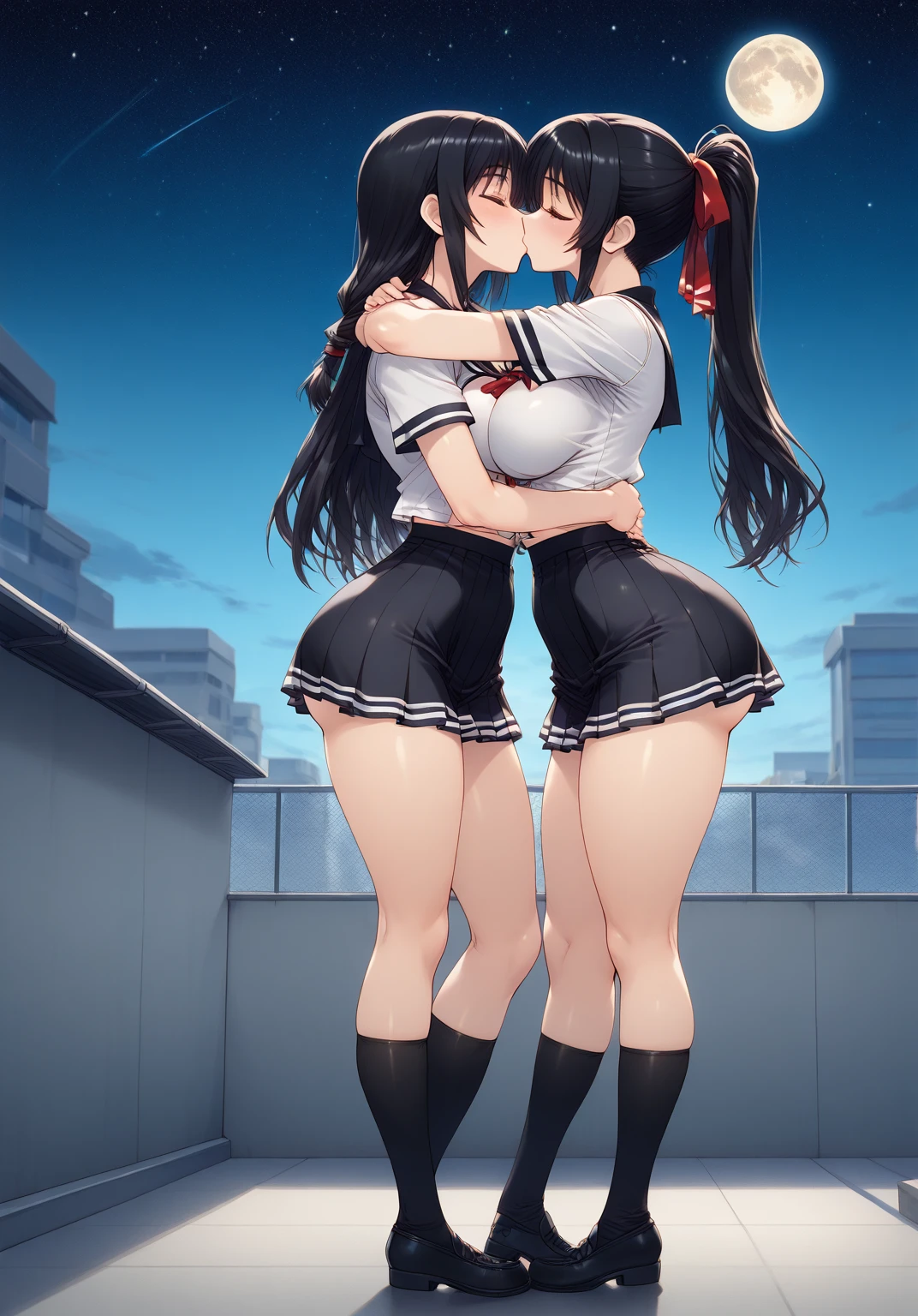  The Best Quality ,  source _anime,  Masterpiece, NSFW, Women ( full body, curvy, sexy,  medium breasts,  thin waist ,  big butt,  long hair , ponytail tied with a red ribbon ,  dressed in a school uniform with a short skirt),  hugging and kissing a boy  ( Athletic and male body , short black hair, black schoolwear ),  on the roof of a school building at dusk with a full moon and starry sky