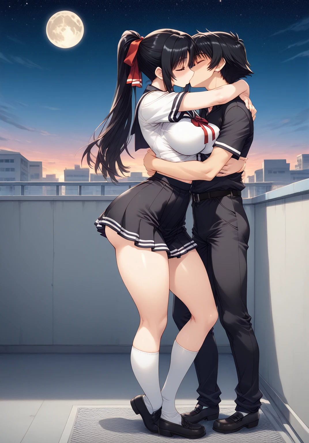  The Best Quality ,  source _anime,  Masterpiece, NSFW, Women ( full body, curvy, sexy,  medium breasts,  thin waist ,  big butt,  long hair , ponytail tied with a red ribbon ,  dressed in a school uniform with a short skirt),  hugging and kissing a boy  ( Athletic and male body , short black hair, black schoolwear ),  on the roof of a school building at dusk with a full moon and starry sky