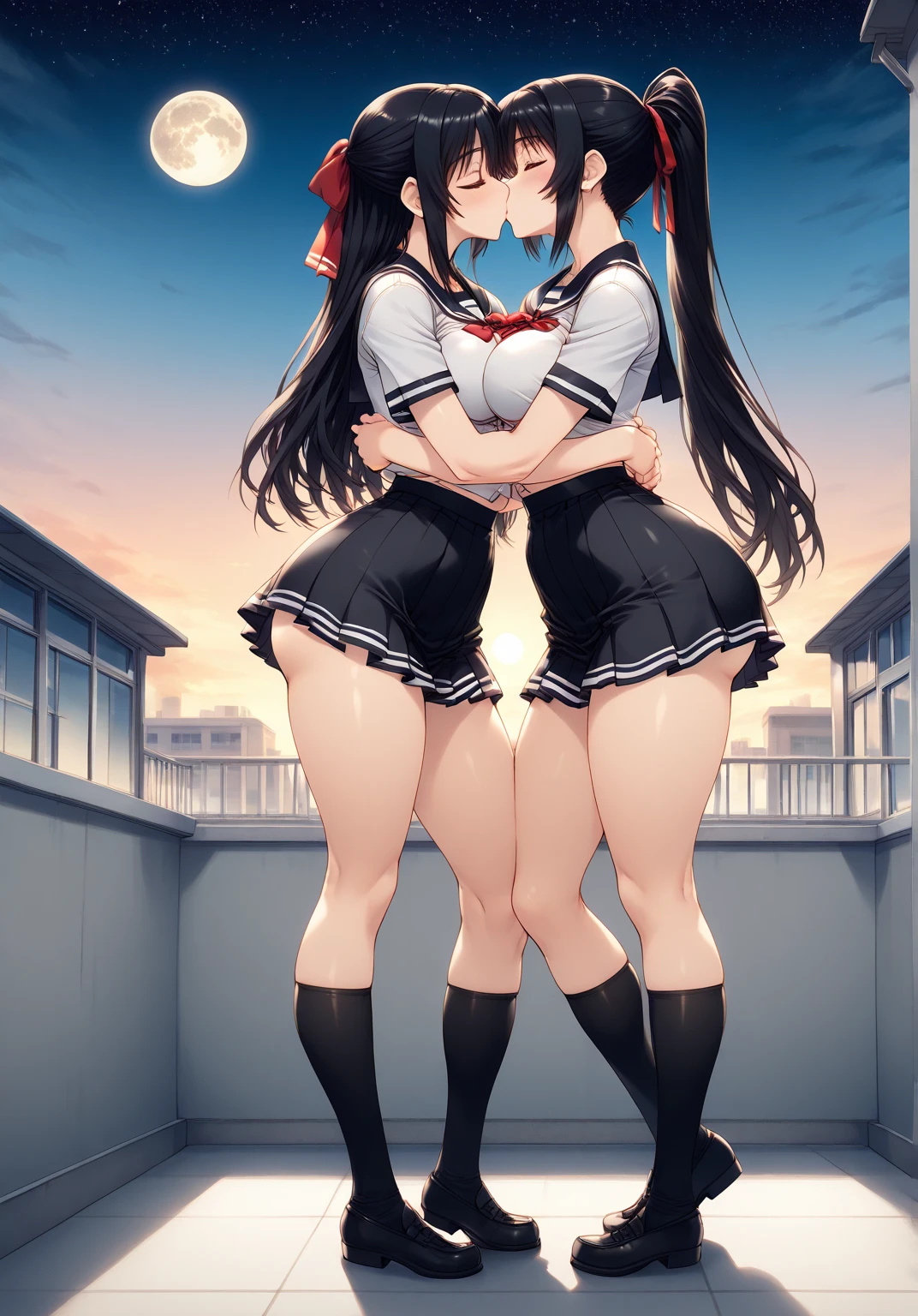  The Best Quality ,  source _anime,  Masterpiece, NSFW, Women ( full body, curvy, sexy,  medium breasts,  thin waist ,  big butt,  long hair , ponytail tied with a red ribbon ,  dressed in a school uniform with a short skirt),  hugging and kissing a boy  ( Athletic and male body , short black hair, black schoolwear ),  on the roof of a school building at dusk with a full moon and starry sky