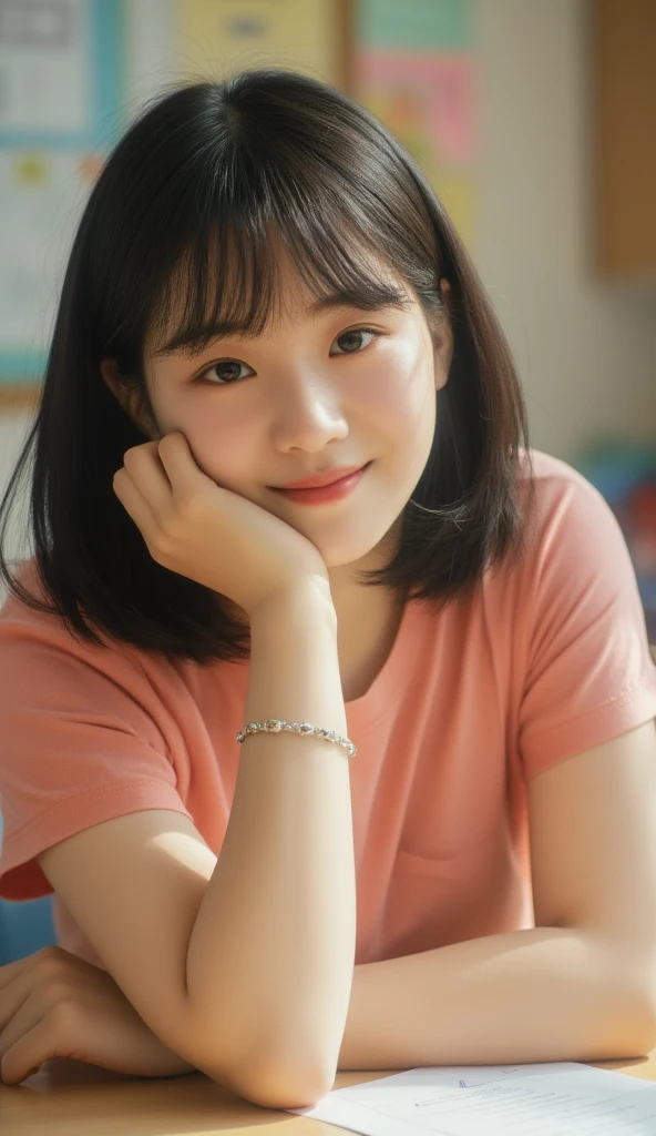 A 15-year-old girl with short black hair, bangs, smiling, wearing a pink t-shirt, sits at a desk. She smiles gently and rests her hand on her chin as she looks directly at the camera. The camera focuses clearly on her face. The soft, warm lighting creates a relaxed and inviting atmosphere. The background is a desk, adding a casual elegance to the classroom atmosphere.