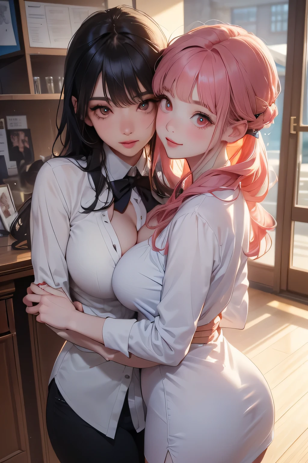 top quality、 high definition 、( high image quality:1.2)、masterpiece、 Detailed Background 、( Beautiful Faces in Every Detail :1.4)、 very detailed face、 Anatomically Correct 、(Normal number of fingers:1.4)、Detailed red eyes、age beauty、 huge breasts、 perfect body line 、 brightly colored hair color 、 braided bob cut、 ponytail、 well-groomed eyebrows 、JK uniform、 white pantyhose、 big smile when looking back、 Station Home 、 Fun Atmosphere 、cute gestures、 Waiting for a train at Station Home 、Playfully hugging each other 、
( Two beautiful girls looking happy at Station Home:1.5)、cute