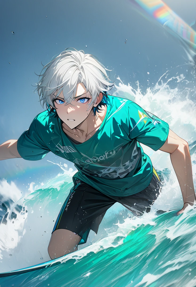 1 male, Short hair,  white hair with black dye, Colorful brunette ,  blue eyes ,  emerald colored clothes , ( Best Quality,4K, high resolution when surfing,masterpiece:1.2), teenager, Short hair, shirtless, Shy