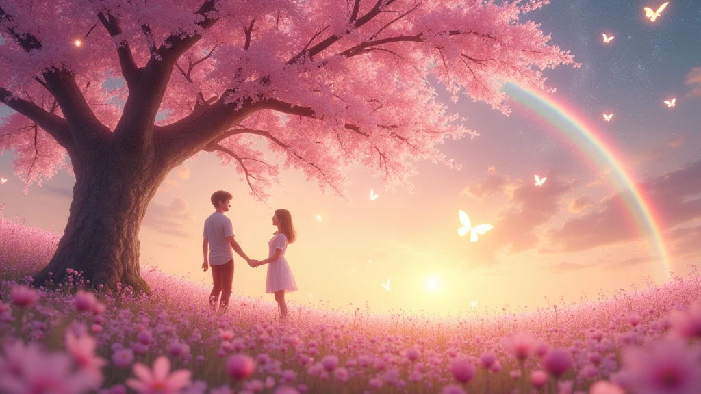 "A radiant, dreamlike scene bursting with soft pastel hues of pink, gold, and lavender. Two young lovers, glowing with innocent joy, stand beneath an enormous, enchanted cherry blossom tree with cascading petals that shimmer like stardust. Their hands barely touch, as if the universe itself is holding its breath in awe. The sky is a masterpiece of swirling galaxies and heart-shaped constellations, casting magical beams of light onto a field of blooming flowers that spell the word forever. Floating in the air are tiny glowing butterflies and fireflies that form trails of hearts around them. In the distance, an iridescent rainbow arches into infinity, while the warm breeze whispers songs of love. Every detail radiates overwhelming sweetness, innocence, and the eternal magic of first love."