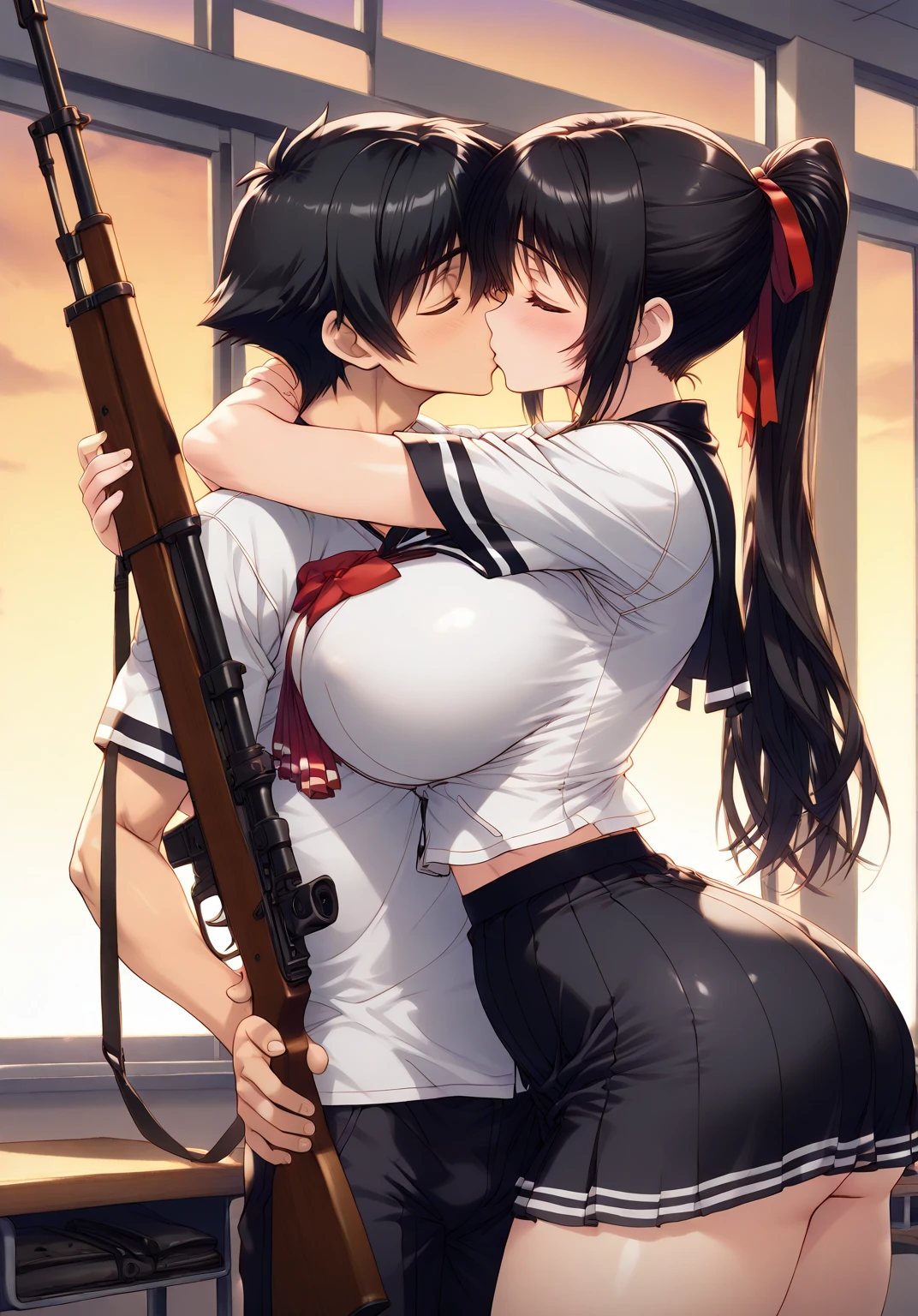  The Best Quality ,  source _anime,  Masterpiece, NSFW, Women ( rifle,  big breasts,  thin waist ,  big butt,  long hair , ponytail tied with a red ribbon ,  dressed in a school uniform with a short skirt),  hugging and kissing a boy  ( Athletic and male body , short black hair, black schoolwear ), in the classroom at dusk with the sunset as a background