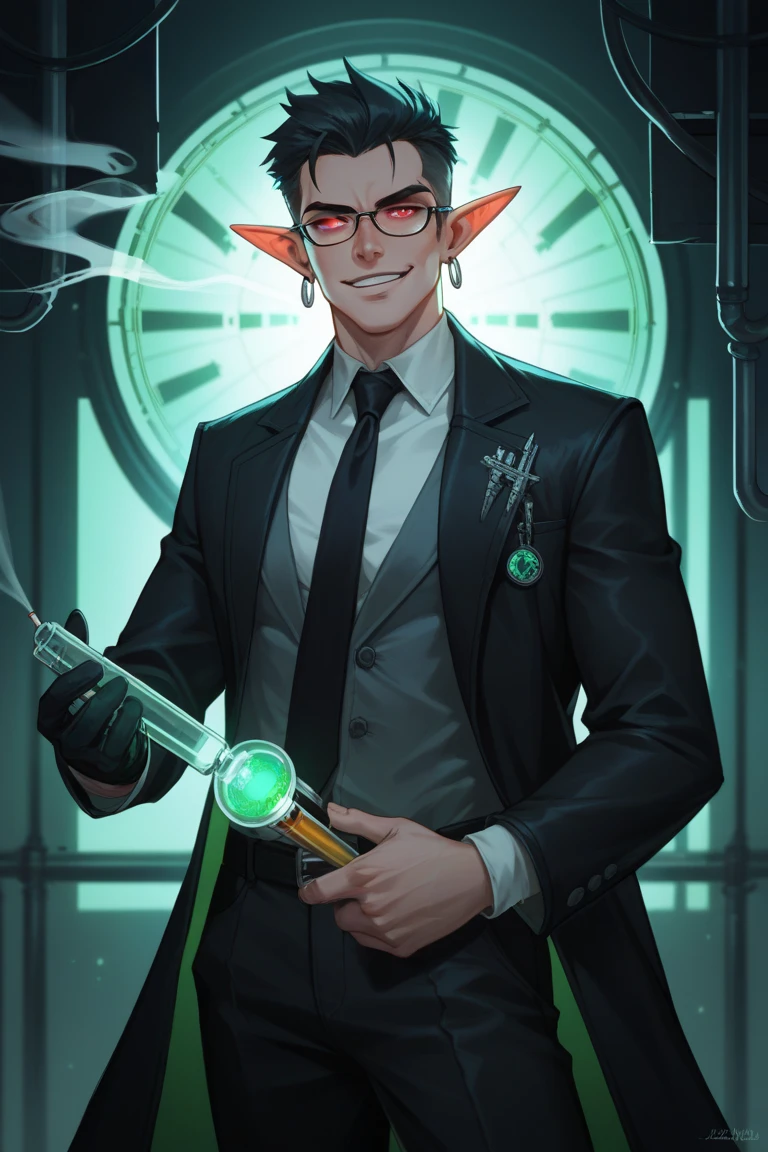 A sinister,  green-skinned male elf with wild black hair and a prominent white streak, dressed in a gray button shirt with black pants and black tie in a labcoat, standing in a dimly lit laboratory. The elf is hunched over a glowing experiment, with eerie, unnatural lighting casting long shadows. The composition is centered on the elf, with scientific instruments and bubbling flasks in the background. The elf's expression is one of intense focus, his red eyes glowing with malevolent intent. Has earrings, tinted gray glasses, one hand is in a black leather glove, smoking a cigarette, sperm sample, evil smile.