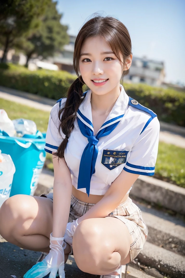 (A stunning Japanese-Korean lady, participating in a in beach clean-up, squatting to pick up rubbish, especially plastic waste. She is wearing a traditional Serafuku, Seifuku, tight white shirt, white blouse button-down, translucent short-sleeve, plaid skirt, form-fitting pleated skirt, red ribbon bow tie, sailor collar, hand gloves, Captain_Planet Cap, 

youthful charms, smooth complexion, beautiful detailed face, beautiful detailed eyes and lips, long eyelashes, slender figure, perfect body proportion, friendly expression, snaggletooth, cute dimples, kind smile, pinkish hair, short straight hair, side ponytail, Curved in Blunt Bob, Asymmetrical Bob, confident & poised demeanor, Looking at viewer, 

Blurred background, Bokeh effect, ultra-detailed,
(best quality, 4k, 8k, high-resolution), 
(masterpiece:1.28), award-winning,
(realistic, photorealistic, photo-realistic:1.37),
HDR, UHD, studio lighting, ultra-fine painting,
sharp focus, physically-based rendering, extreme detail description, professional photography, vivid colors, SFW, Safe for Work, Cowboy Shot, Close-up Shot, High Angle Shot)