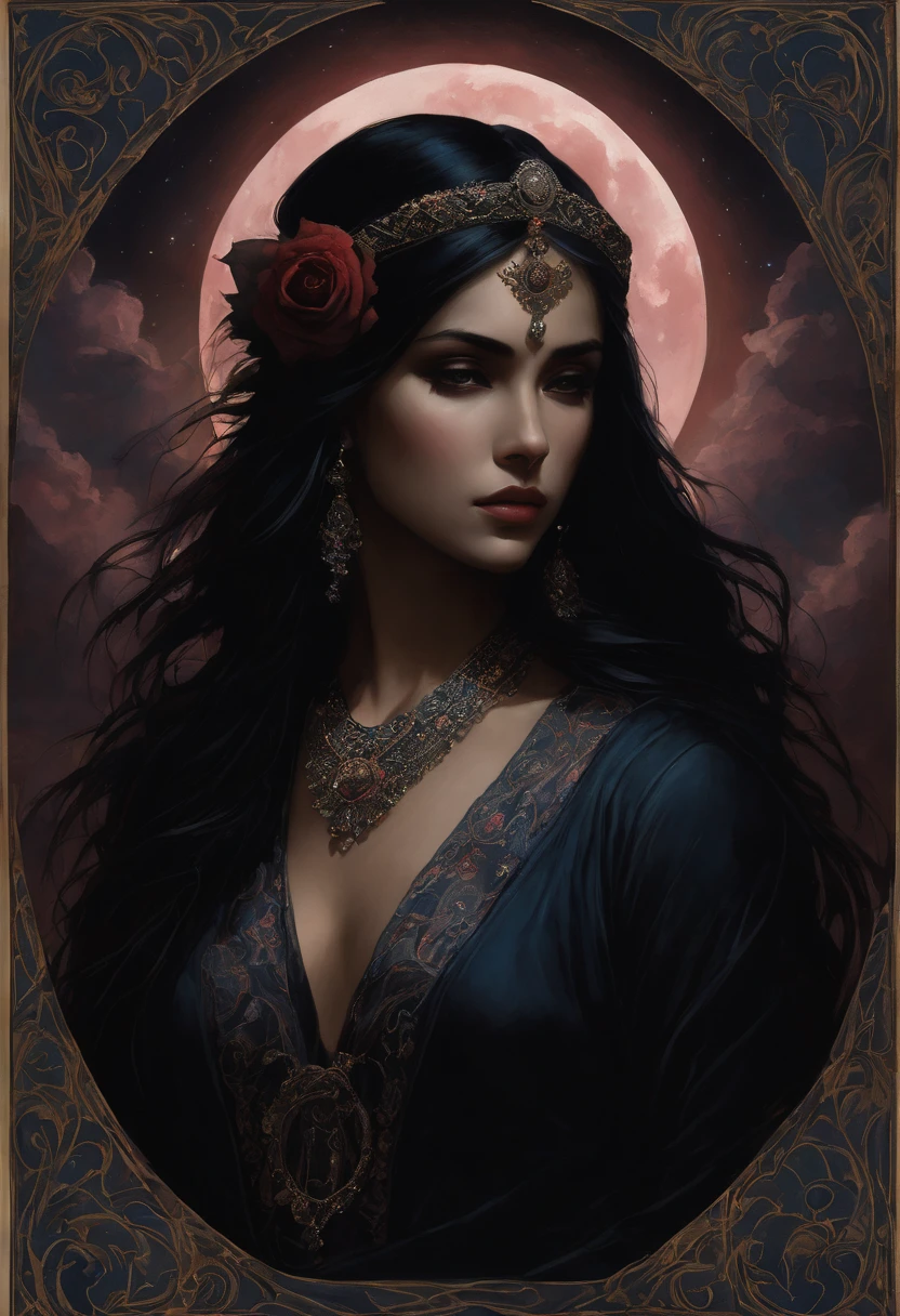 A young woman,  is depicted in a portrait style, sideways facing the night. She appears melancholic or contemplative, with black tears tracks flowing down her face. Her dark, long hair cascades down her back, and she wears elaborate, ornate clothing with a rose-adorned headpiece. She is holding 3 tarot cards in her hands, showcasing intricate details on the cards themselves and delicate patterns on her arms.  The backdrop features a stylized night sky with a celestial moon, clouds, and stars. The woman is positioned slightly off-center to the left of the image, but her gaze is drawn to the viewer. Viewing sideways , facing the sky. The perspective and composition emphasize the woman's connection with the mystical scene. Rich, deep colors, including dark blues, deep reds, soft pinks, and browns, create a dramatic and romantic atmosphere.  The style is elaborate and detailed with strong decorative elements.  Color palette is rich and moody, creating a mystical tone.  The lighting subtly highlights the woman's features and the tarot cards.  The artwork features intricate pattern work throughout.  There are ornamental, elaborate frames around the piece.  The scene evokes a sense of mystery and introspection.