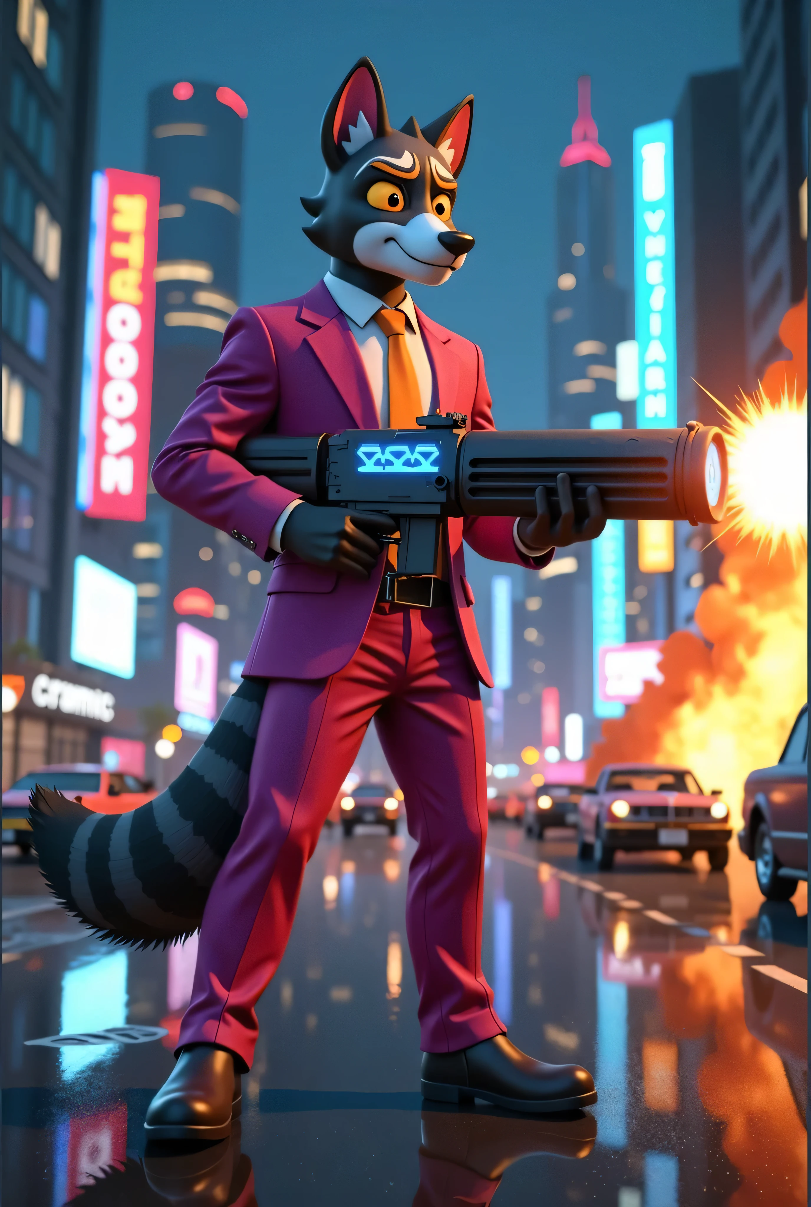 3D and live-action artwork of Dulka from The Non Raccoon, furry anthro, adult, hybrid character. Dulka stands in the heart of a futuristic city at night, where the world blends hyper-realistic live-action surroundings with 3D elements. He holds a massive, detailed bazooka, its glowing energy chambers casting an eerie blue light on his sharp magenta suit and orange tie. The streets are filled with life, with neon lights, massive holograms, and flying cars in the distance.

The city’s skyline features towering skyscrapers with reflective glass, while flying drones buzz overhead. Dulka’s raccoon-like facial markings and wolf-like ears are accentuated by the intense city lights, and his fox-like elegance gives him an almost regal presence. As he fires the bazooka, a massive explosion erupts behind him, a mix of 3D visual effects and live-action smoke and fire.

The camera angle shifts between 3D close-ups of Dulka’s hybrid features—his muscular frame, the intricate details of his clothing, and the highly detailed bazooka—and sweeping live-action shots of the futuristic cityscape, creating a seamless fusion of digital and real-world textures. Ultra-realistic live-action lighting and reflections blend perfectly with the 3D elements, creating an immersive cinematic moment full of intensity and action.