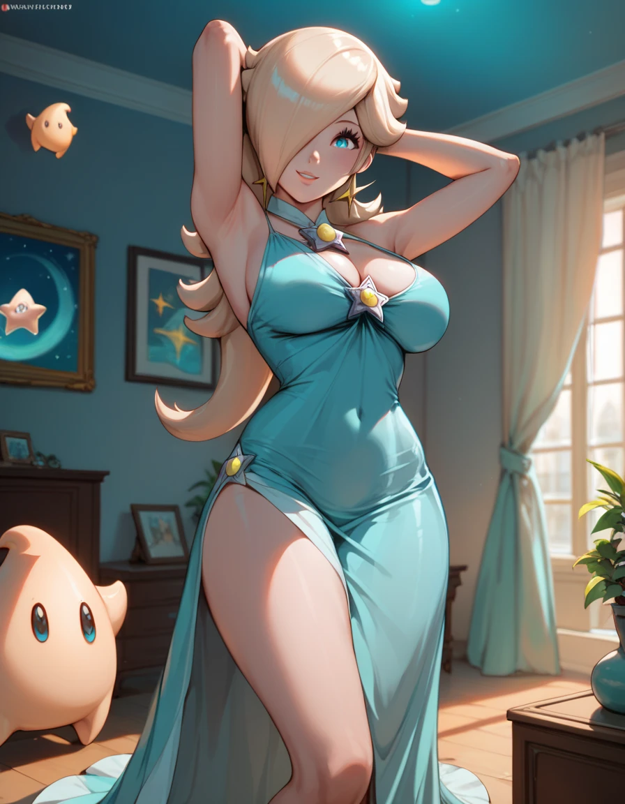 score_9, score_8_up, score_7_up, source_anime, best quality, clear face, rosalina, blond hair, long hair, blue eyes, large breasts, perfect body, smile, cleavage, tight dress, blue dress, gorgeous room, lighting, hotel, , standing, thighs, showing armpits