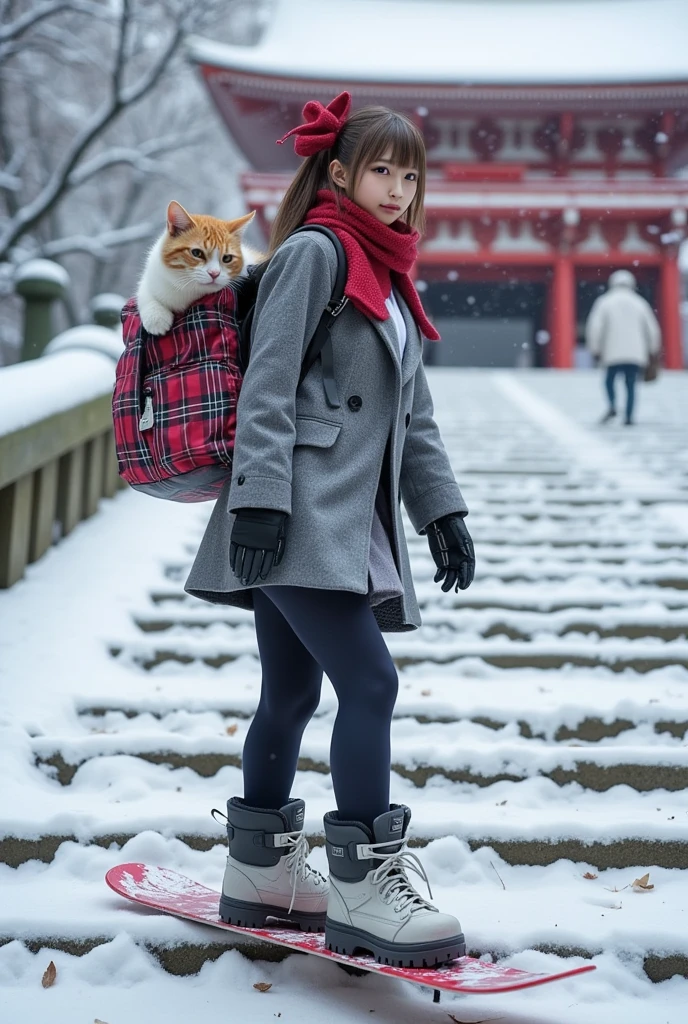 ultra-realistic, photorealistic, dramatic scene, shadow, global-illumination, solo, (teenage Japanese famous idol girl), very beautiful fragile Japanese girl, very beautiful with very cute but boyish cool face, (very large breasts), slim waist, (wearing a gray colored Japanese high school cute uniform of white shirt with blazer and skirt), (red ribbon), (stylish winter coat), (cute checked red woolen scarf), (glove), (She is wearing dark navy tights), (very large breasts), snowboarding boots, (The cat is hiding in her backpack), (A giant fat cat peeks out of her backpack), (She is snowboarding down the long snow-covered steps of the shrine:1.3), Red torii gate of the shrine, heavy snow, A few autumn leaves can be seen among the leafless trees, she looks so happy, happy smile, showing a graceful snowboarding technique, quick turn, professional lighting, (shoot from below), Beyond the stairs the splendid main hall of the shrine can be seen