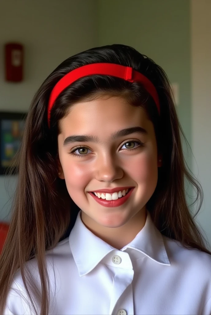 (very realistic photography),(masterpiece, best quality:1.3), 1girl, (alone), front view,
((young Jennifer Connelly)),(at age 16),
she wear in a school uniform and a white shirt.,
with pretty face,plump cheeks,
(She has a vivid red headband in her hair.),
scooped nose arched high with a turned-up tip,
no make up,
moist eyes,
flawless fresh succulent fine smooth fair skin,
with precocious female body with precociously large blreasts and broad wide shoulders, 
Jennifer Connelly's unique and beautiful face is recreated.,
a bit wet shiny long dark hair fluttering,
smiling dazzlingly at her lover,
She is in a sunny living room.,
bright natural light illuminating on her beautiful face.,