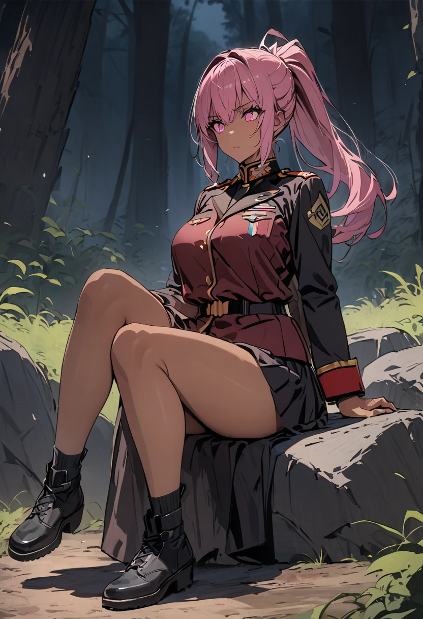 { - anatomy error} , ((Best Quality)), ((masterpiece)), (detailed), score_9,score_8_up,score_7_up, ((full body)), A woman, pink hair, dark skin, ponytail, pink eyes, sitting on a rock ,wearing a  red and black militar uniform, bored look, kudere, carrying an ak-47, looking at the horizon, the background is a militar capmpfire in the forest at night