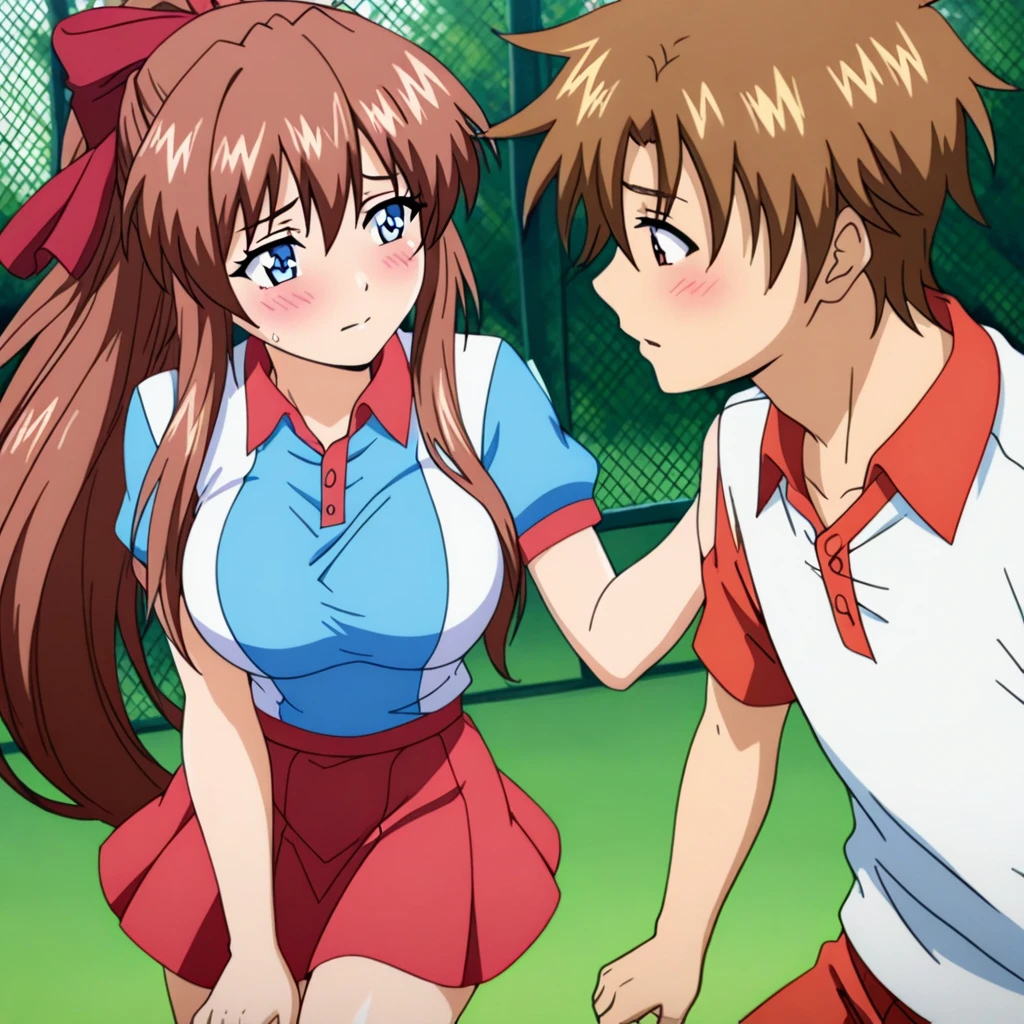 masterpiece,best quality,KanzakiAoi, 1girl, long hair, brown hair, blue eyes, large breasts, hair ribbon, blush, tennis uniform, red skirt, boy, KurusuAkito,KurusuAkito,KurusuAkito,KurusuAkito,KurusuAkito, tennis uniform, First Love Memories, she hugs him, gravure, cinematic angle,