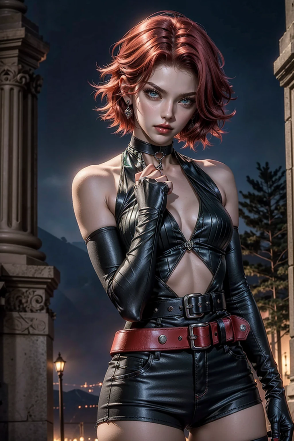 (masterpiece, best quality) BloodRayne, 1girl, red hair, gloves, solo, short hair, choker, elbow gloves, makeup, looking at viewer, lipstick, red lips, fingerless gloves, realistic, (green eyes), belt, graveyard, at night, dark, moonshine, angry face