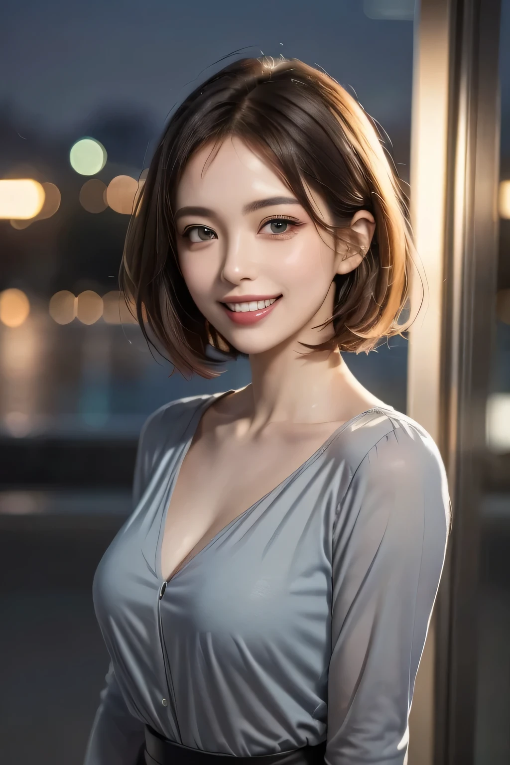 (highest quality, 8k, 32K, masterpiece), ( realistic ), ( realistic :1.2), ( high definition ), (night:1.7),  cyberpunk, Town, In Front of the window,  jacket, ( blue shirt),  tight miniskirt , clavicle, gem, gem, Bob, ( 1 Woman ), (Grin),  beautiful体,  beautifulNose,  beautifulcharacter design,  perfect eyes, perfectface,  expressive eyes,  viewers of the pin, Center Image, ( cowboy shot ),  Official Art ,  very detailed with crimson hairCG, 16k, perfect lighting,colorful,  bright _Front_face_illumination, Glowing Skin, (masterpiece:1.0),(Highest_quality:1.0), 超 high definition ,4K, very detailed with crimson hair, 8k,  high definition ,  high definition ,  absurd:1.2,  Blurry Background, Bokeh:1.2,  lens flare, ( vibrant_color:1.2) (Big Breasts), ( beautiful_face:1.5)