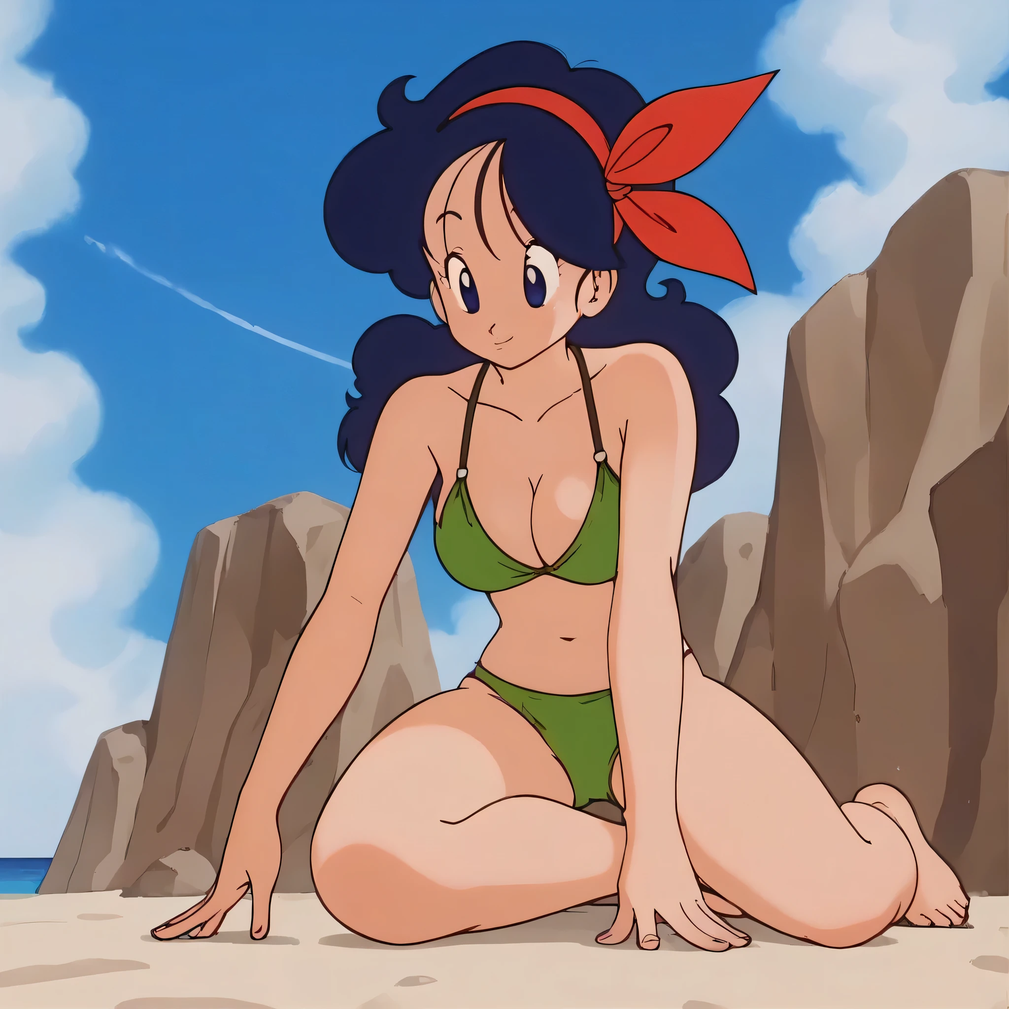   source  _animated,  score_9,  score_8_above,  score_7_above, animated screencap,  HIGH QUALITY, Good launch, 1 girl, Alone,  winked blue hair, breasts,down, Blue eyes, neckline,  long hair, sky, cloud,  curly hair , blue sky, Diafragma, day, big breasts, bikini, outdoors, Red headband,  bare shoulders ,  session, clavicle,  looking at another , hands on the floor, eyelashes,