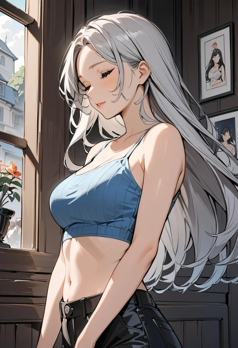  woman， Silver Hair， blue eyes， short camisole， Crop Shirt ， long hair，chest， with semi-closed eyes ，white，art， illustrations