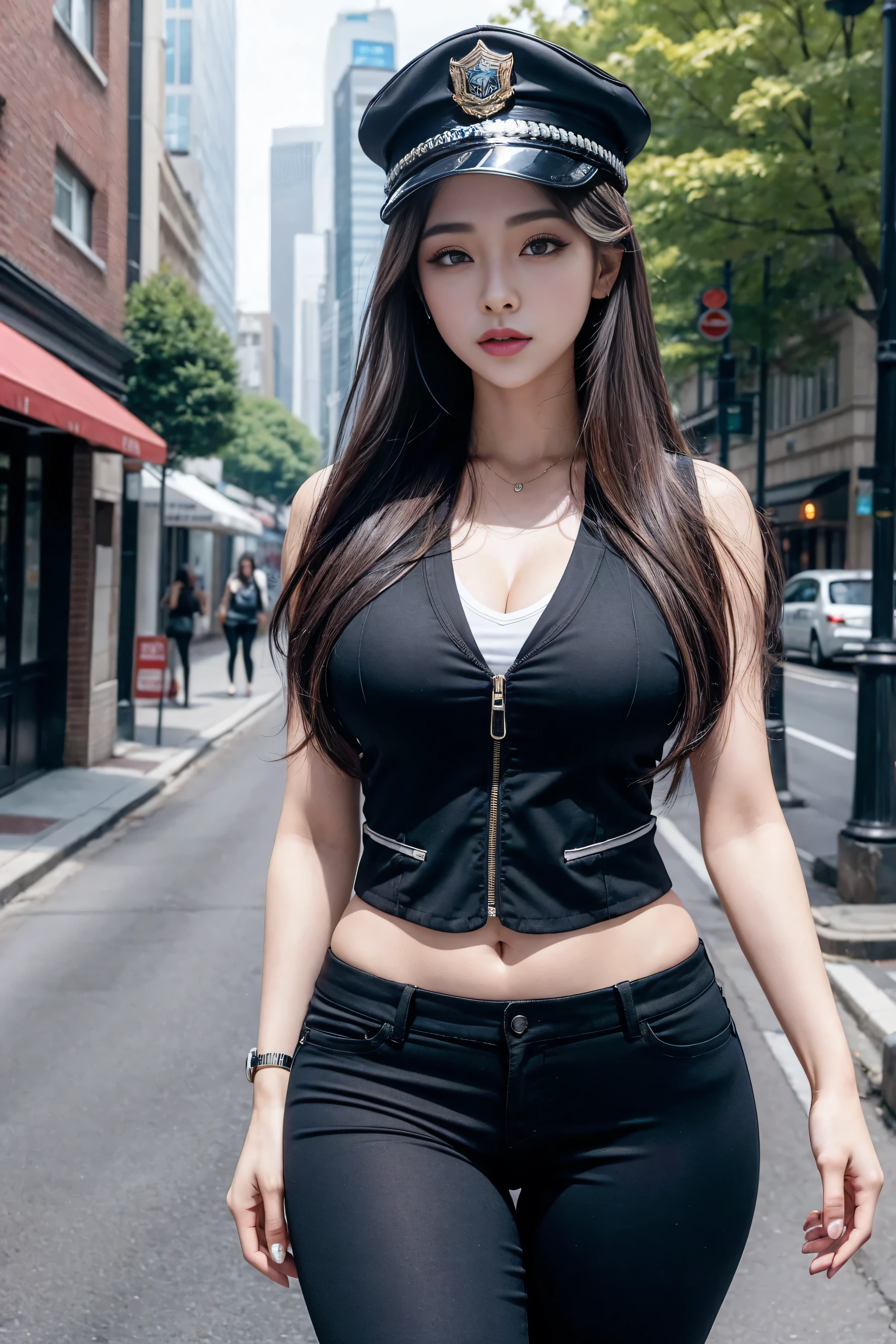 Physically based rendering, (1个female pervert孩:1), Female pervert, (beautiful:1.2), street, Sexy muscular body, Slim waist, (Big Shot:1.Keep, tight black pants, Dressed in America,Wearing a police hat,