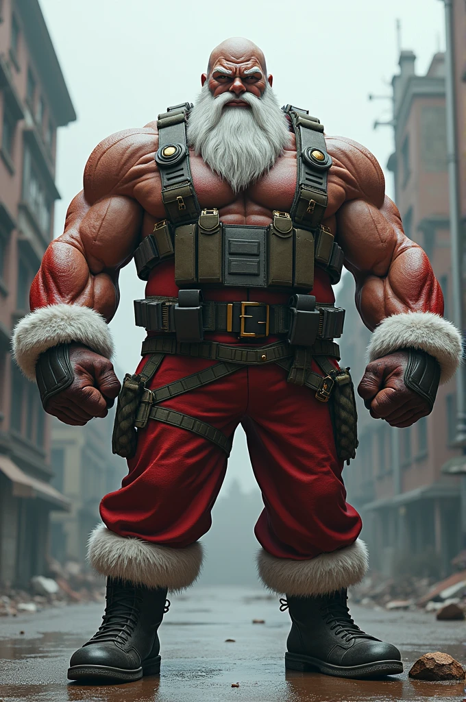 fat Cyberpunk red santa claus, white beard, red cyberpunk mesh suit, cyberpunk christmas hat, Dark_Fantasy,Cyberpunk,1man,Mechanical marvel,Robotic presence,Cybernetic guardian, wearing a worn-out mech suit, intricate, (steel metal [rusty]), elegant, clear focus, shot by greg rutkowski, soft lighting, vibrant colors, masterpiece, ((street)), cowboy shot, dynamic pose, full body shot, standing, dynamic pose