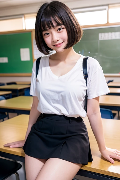 8k、high resolution、masterpiece、realistic、In detail、Fine texture、portrait from head to toe、high contrast、alone、high school girl、natural body shape、white skin、natural makeup、black hair、blunt bangs、short bowl cut hair、((School-specified gym clothes)),((Upper body in white gym clothes、Long length、short sleeve、There is a navy blue line))、((The lower body is navy blue tight bloomers))、sitting on the study desk、(spread pussy to the side:1.5),medium breasts、((school classroom))、looking at the camera、、full body photo、focus on crotch、thighs exposed、white socks、white shoes、(no bra),(braless),