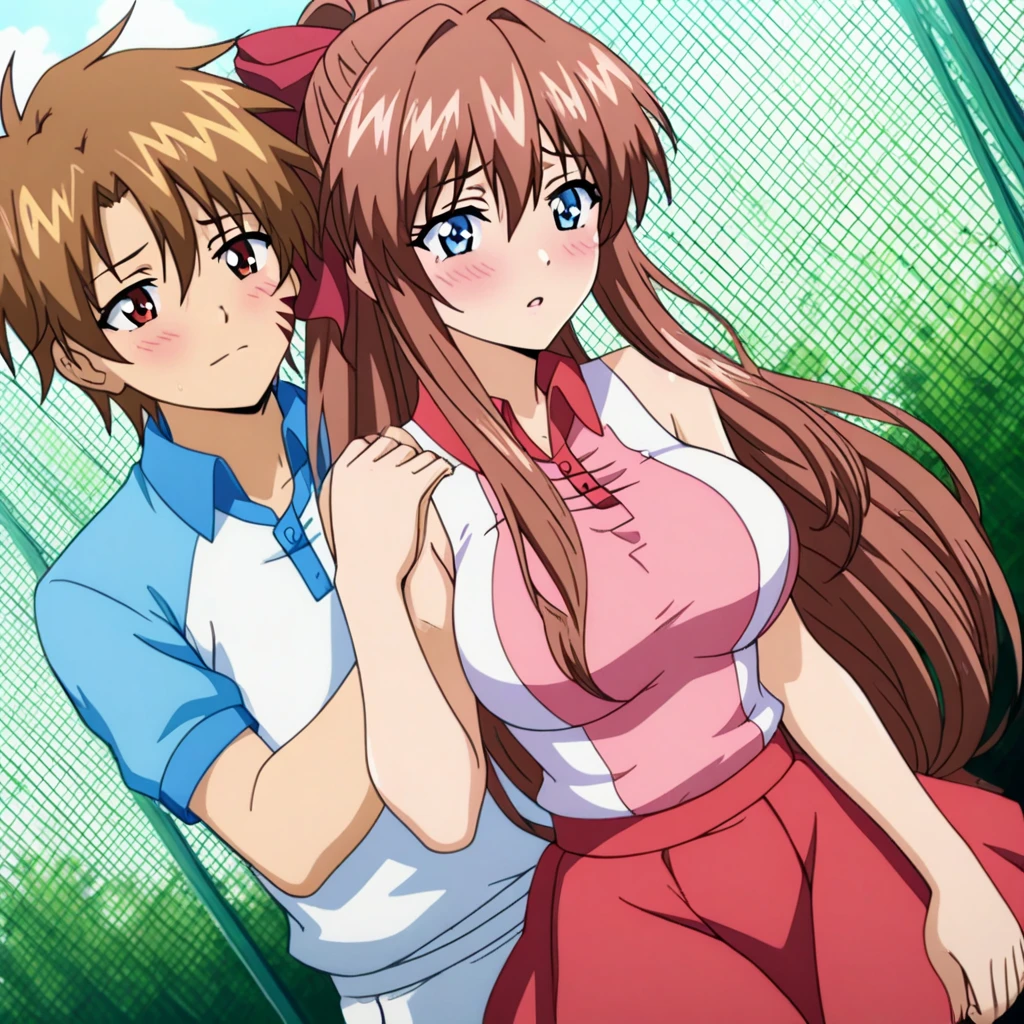 masterpiece,best quality,KanzakiAoi, 1girl, long hair, brown hair, blue eyes, large breasts, hair ribbon, blush, tennis uniform, red skirt, boy, KurusuAkito,KurusuAkito,KurusuAkito,KurusuAkito,KurusuAkito, tennis uniform, First Love Memories, she hugs him, gravure, cinematic angle,