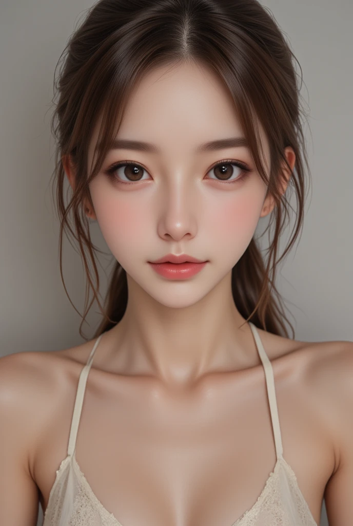 Photo realistic, highdefinition, closeup body, above shoot,
Cute adult young female, 
Embarrassing face, soft makeup, high nose, 
White pale skin, small breasts, athletic body, wearing gentle dress, gentle short skirt, beautiful leg, highlight on chests, highlight on legs, was tried workout,