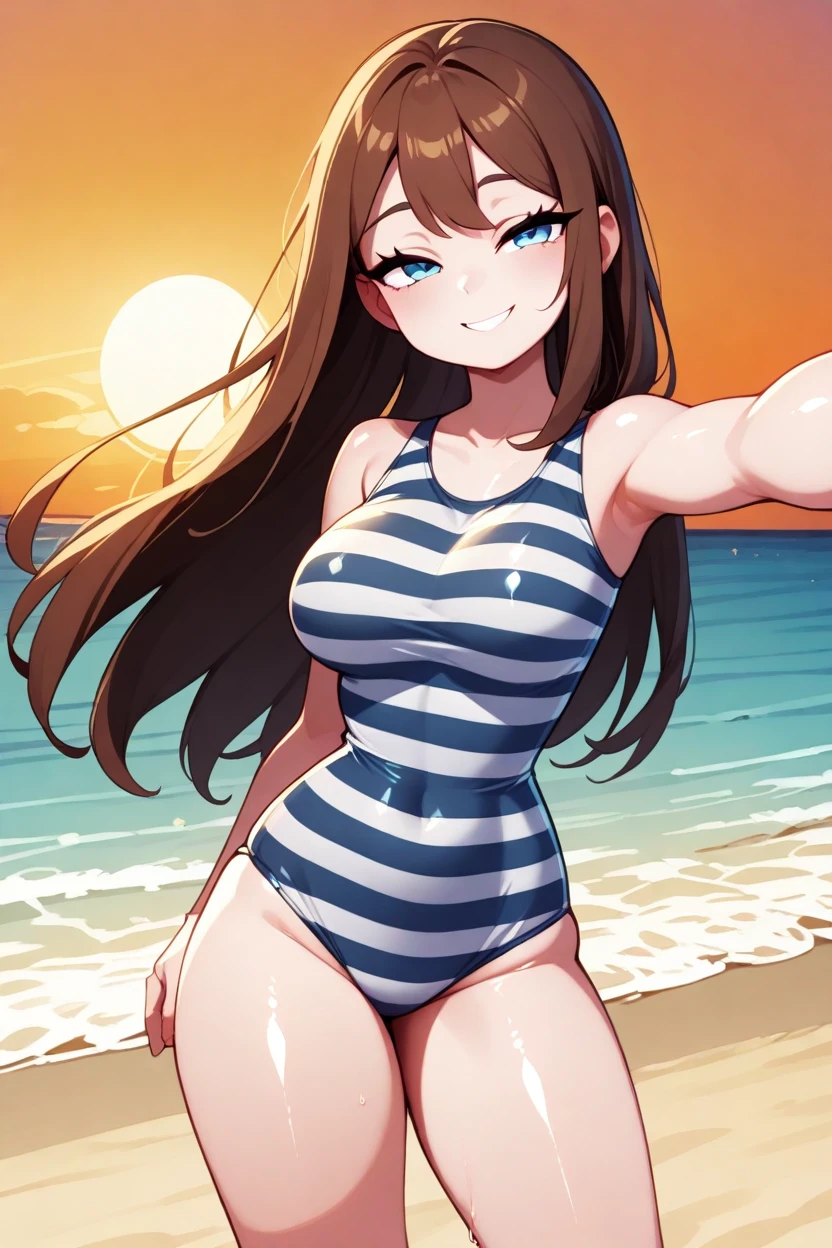  , fly away, brown hair  ,  long hair,  Blue Eyes (:1.1),  fair skin , dark blue striped swimsuit,  exposed legs  ,  Big breasts  ,  thick thighs  ,  At knee height ,  be shiny and oily , half-closed eyes, Selfie, , smiling,Playing on the beach,sunset light , wind, loose hair 