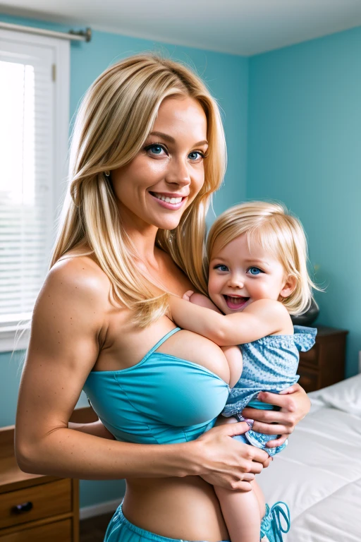 a close up of a woman in a bikini holding a baby, cleavage, 3 6 years old, 3 2 years old, wearing bra, 38 years old, 2 9 years old, posing in bra, about 3 5 years old, 30 years old woman, 3 0 years old woman, 2 8 years old, 2 7 years old, 35 years old