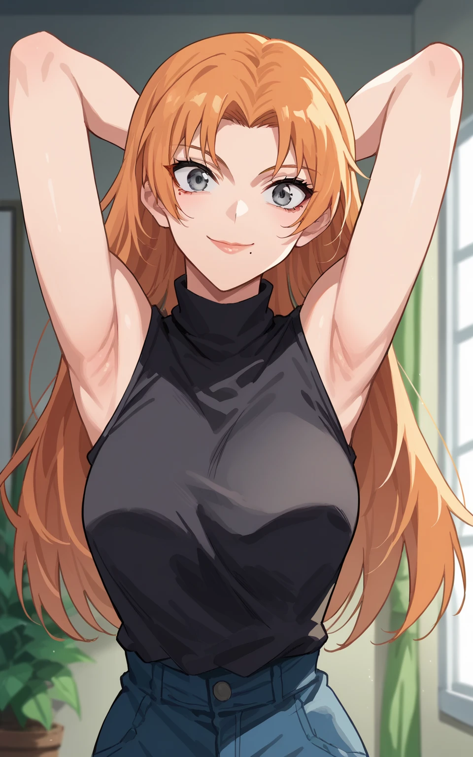 score_9, score_8_up, score_7_up, source_anime, anime screencap, 1girl, solo, yuki tsukumo, long hair, grey eyes, orange hair, mole, mole under mouth, parted bangs, bare shoulders, bare arms, arms behind head, armpits, looking at viewer, head towards viewer, smile, badhandv4, indoors, closed mouth, black sweater, sleeveless sweater, ribbed sweater, turtleneck 