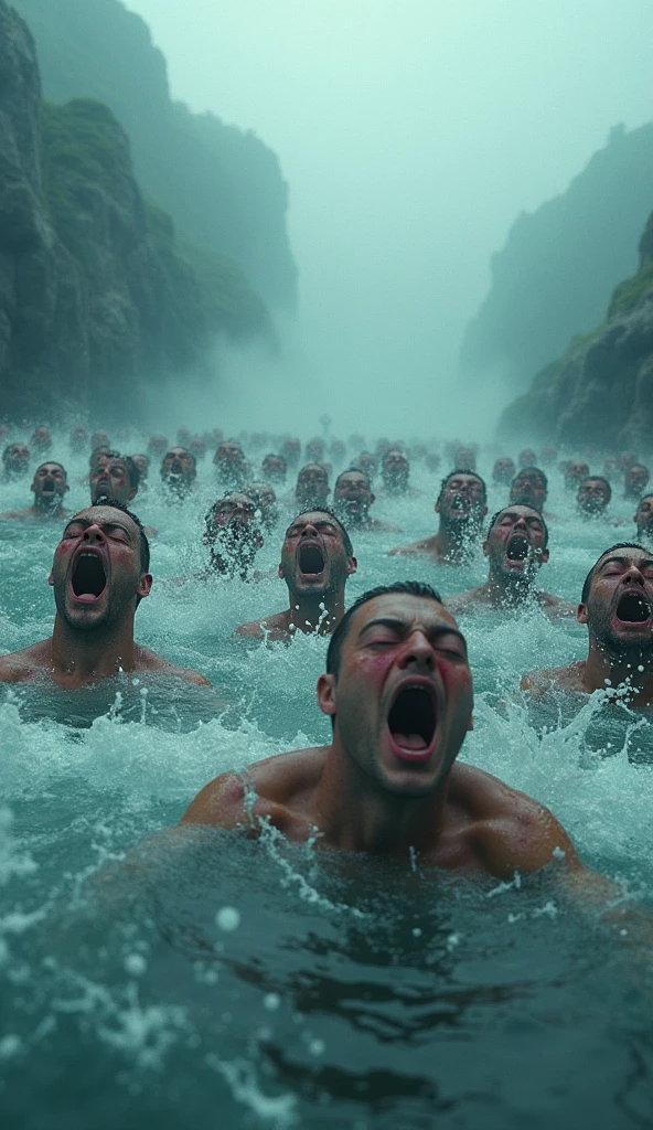 Highest quality、Ultra-high resolution、8k、RAW Photos、Japanese Samurai、group、((Enjoy snorkeling))、Expressionless、Torrent、warrior、Loincloth only、knife、beard、Underwater camera、cinematic lightening、Underwater tank equipment
