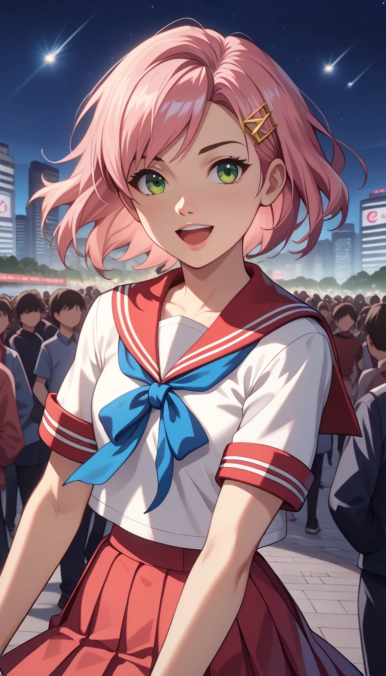 ((( masterpiece : 1.5,  best quality ,  high resolution : 1.3,  super resolution,  super detail ,  super detail : 1.3, Rich history : 1.2))), 1 , Alone,  green eyes, Long pink hair with blue ribbon, short bangs, Cute hair clip,  school uniform , Serafon Branco, red sailor collar,  short sleeves , blue pleated skirt, (open air), ((city center), ( crowd ), ((Japanese vibe: 1.3)), landscape, ((night)),  darkness , (low light: 1.1), lua, (lualight: 1.2), ((dynamic light: 1.4)), ((Close-up of head))))))