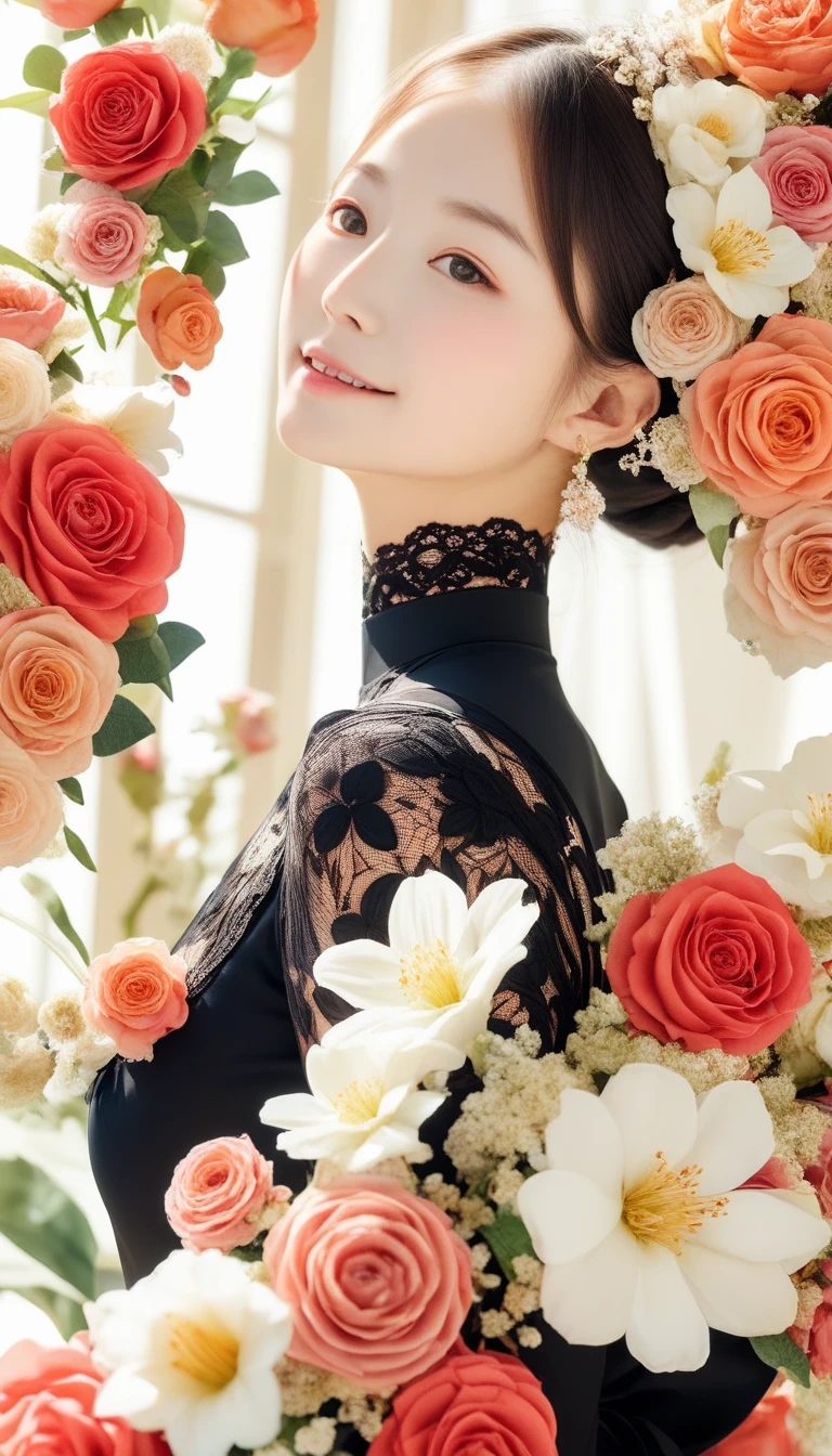  beautiful woman、 full body angle、 Flower Arrangements、 Wabi Sabi Art 、 super detailed_face_eye、非常に詳細なface、  black dress、white、gray、red、Parchment、抽象的 Flower Arrangements、Three big flowers、 dreamy art 、silence、 wallpaper、 top quality、masterpiece、 high definition 、８ｋ