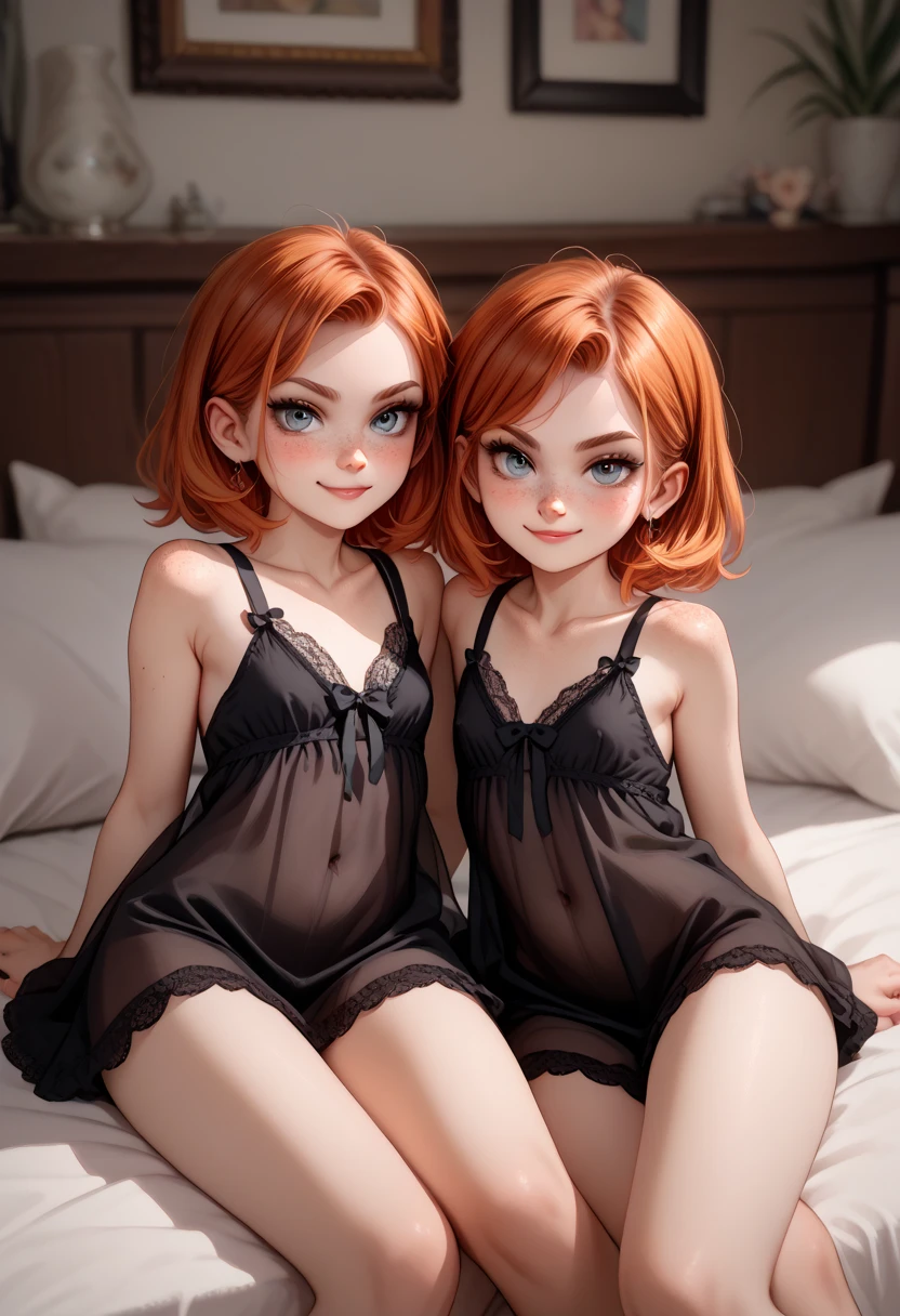 2girls, twins Cute teen goth girls flirty smirk redhead with freckles wearing a highly revealing and alluring nightgown as she lounges in her bed with her twin sister playing, young and innocent small little sisters