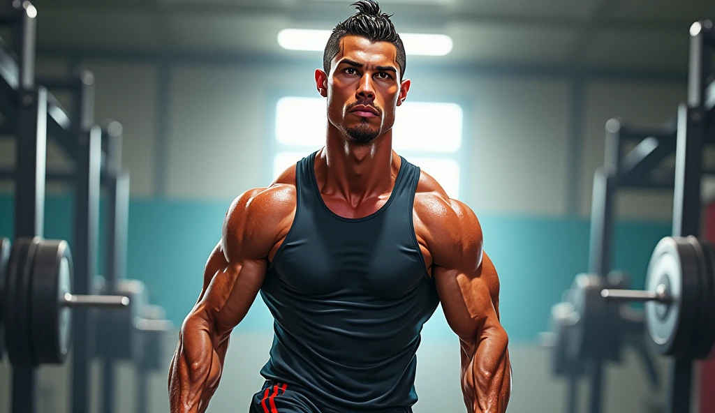 Cristiano Ronaldo with gigantic muscles, working hard to show his muscles , in gym, ultra detailed, octane render, 8k