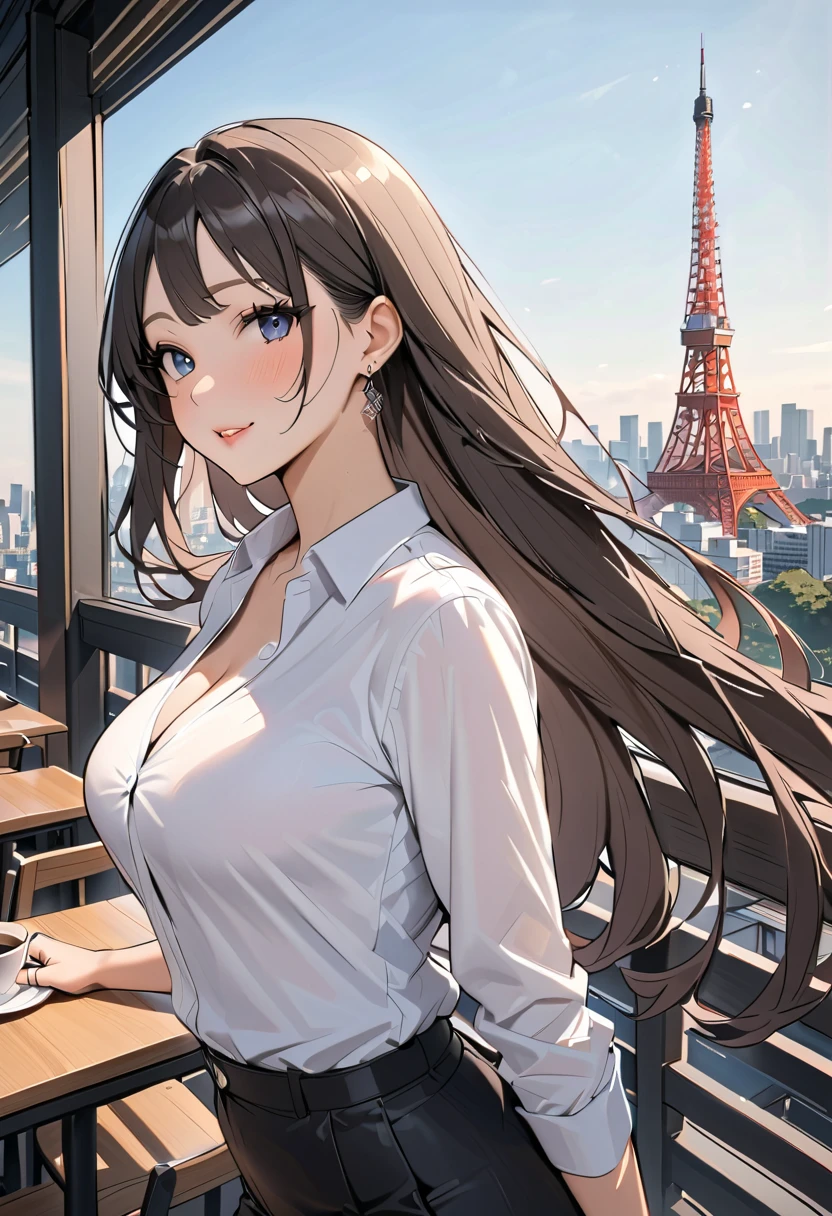 masterpiece, top quality, super detailed, high definition ),16k,  beautiful,  1 girl,  black long hair by lla,Business shirts, earrings,  outdoor、 Married Woman,sunlight、sunny、Cafes in Tokyo、Skyscrapers in the background、  Tokyo tower  、bewitching、coquettish、Tempting sensuality、,ring、(Backlight:1.4)