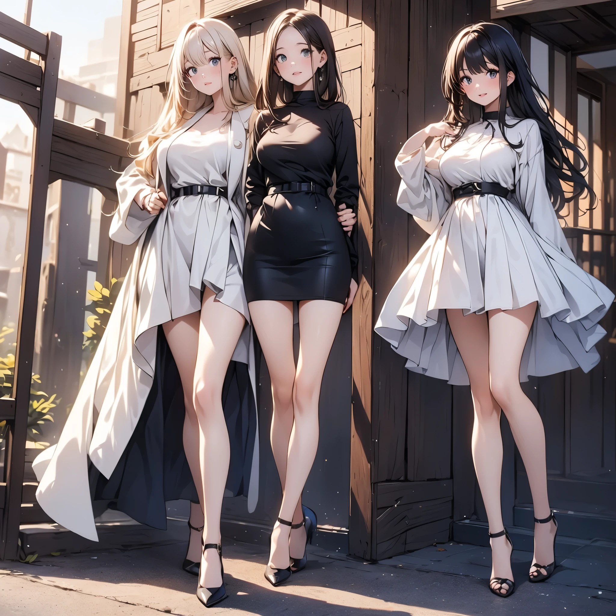 (masterpiece:1.3),(best quality, highest quality),((Full Body Shot,Including face)),3girls,8k,masterpiece,((Focus on the face)),((Symmetrical facial features)),Beautiful woman,(slender),((High heels,Patterned stockings with straps)),Detailed depiction of the face, Cafe clerk ,In front of the entrance,profile,(Long skirt),Brightly colored dresses