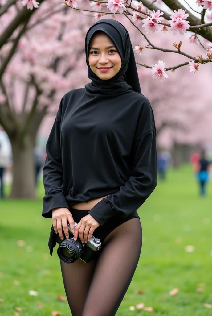 A stunning Asian woman wears a clinging sheer black hijab, revealing a teasing smile and piercing eyes. She's in a transparent bodyhose, flaunting her curves, with crotchless panties emphasizing her bare intimacy amidst a public park's vibrant greenery. Standing by a cherry blossom, she holds a camera, emanating confidence and sex appeal amidst the innocent backdrop of playing families. The soft, natural light and ethereal setting create a taboo yet artistic scene, as she blends religious modesty with seductive flair, inviting viewers to indulge in this intriguing and provocative display of beauty.