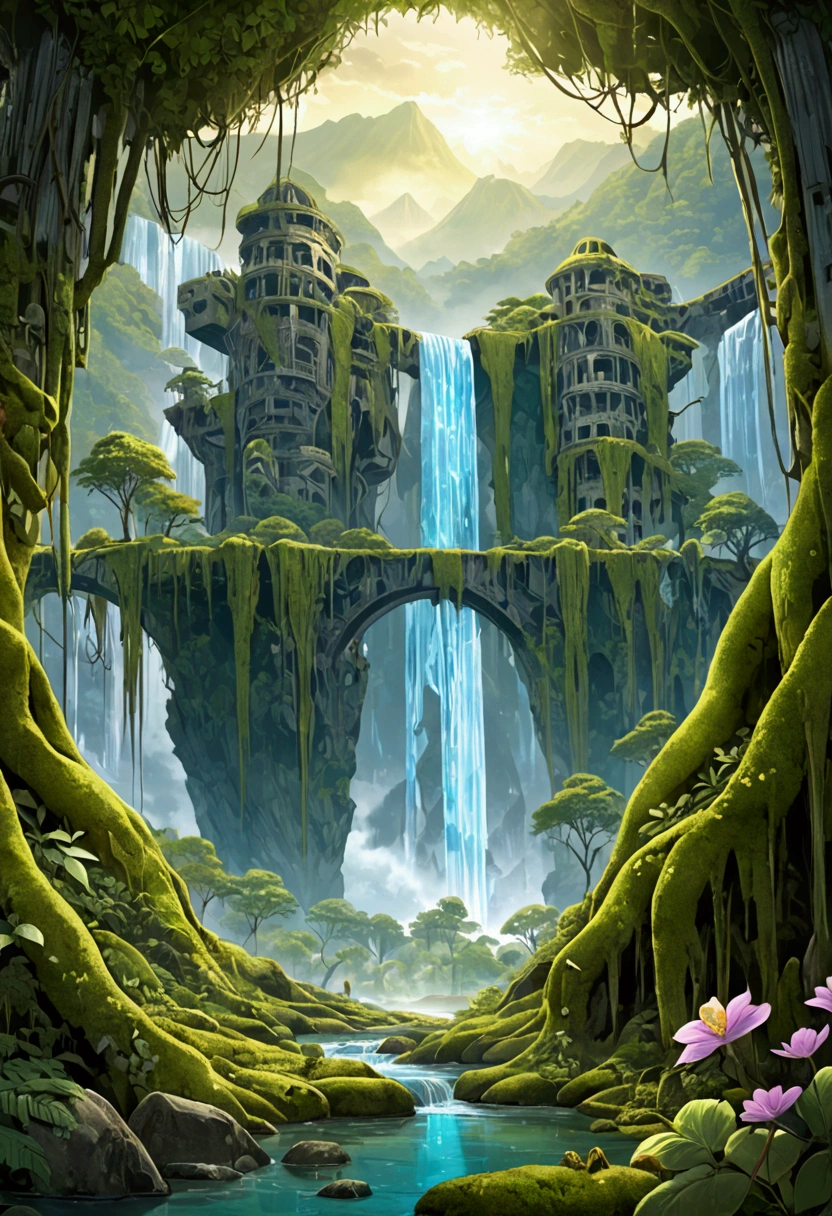 A post-apocalyptic sanctuary in the Andes highlands, where the Amazon jungle and ancient glaciers converge. Towering moss-covered trees with glowing bioluminescent vines illuminate ruins of a forgotten civilization—rusted structures and overgrown machinery blending with lush nature. Crystal-clear waterfalls feed terraced farms, while strange creatures, part spirit and part mutation, roam the forest.
Lush greens, soft blues, and whites from water and glaciers; warm golden light filtering through trees; weathered grays and browns from ruins; ethereal purples, blues, and greens of bioluminescenc painterly visuals blend post-apocalyptic sci-fi with nature's grandeur, creating a mystical, fragile world of hope and harmony.