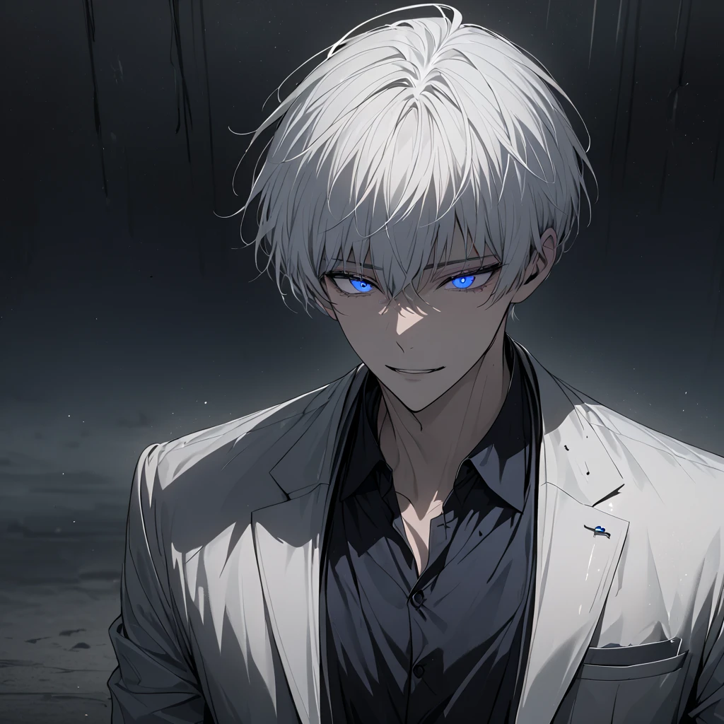  1 person,Alone,male,Short cut,White hair, Dark Atmosphere ,Shining Blue Eyes ,madness, suit,Darkness,Worn out, high resolution,Naturally,A secret smile