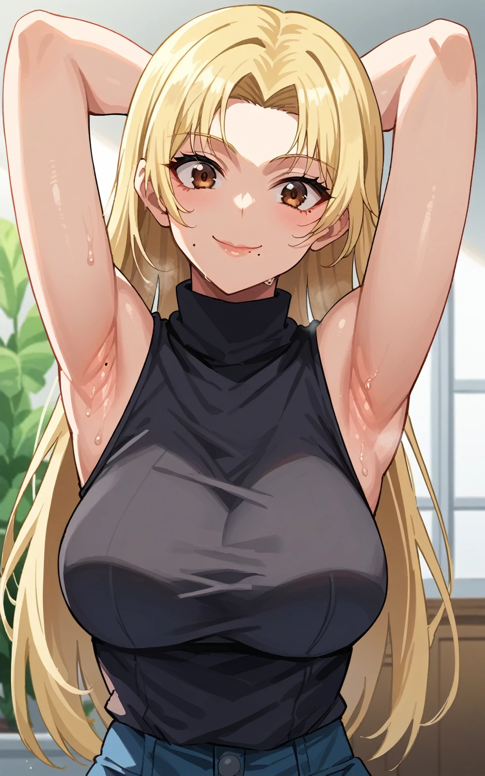 score_9, score_8_up, score_7_up, source_anime, anime screencap, 1girl, solo, yuki tsukumo, long hair, brown eyes, blonde hair, mole, mole under mouth, parted bangs, bare shoulders, bare arms, arms behind head, armpits, looking at viewer, head towards viewer, smile, badhandv4, indoors, closed mouth, black sweater, sleeveless sweater, ribbed sweater, turtleneck, sweaty armpits