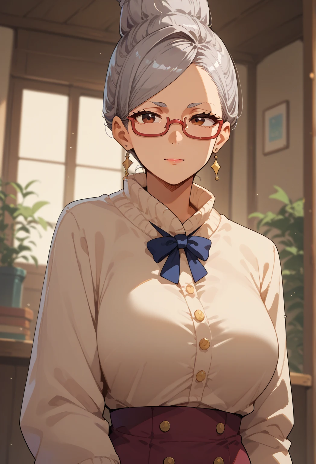 sseiko ayase,mature female,grey hair, brown eyes,glasses,top knot