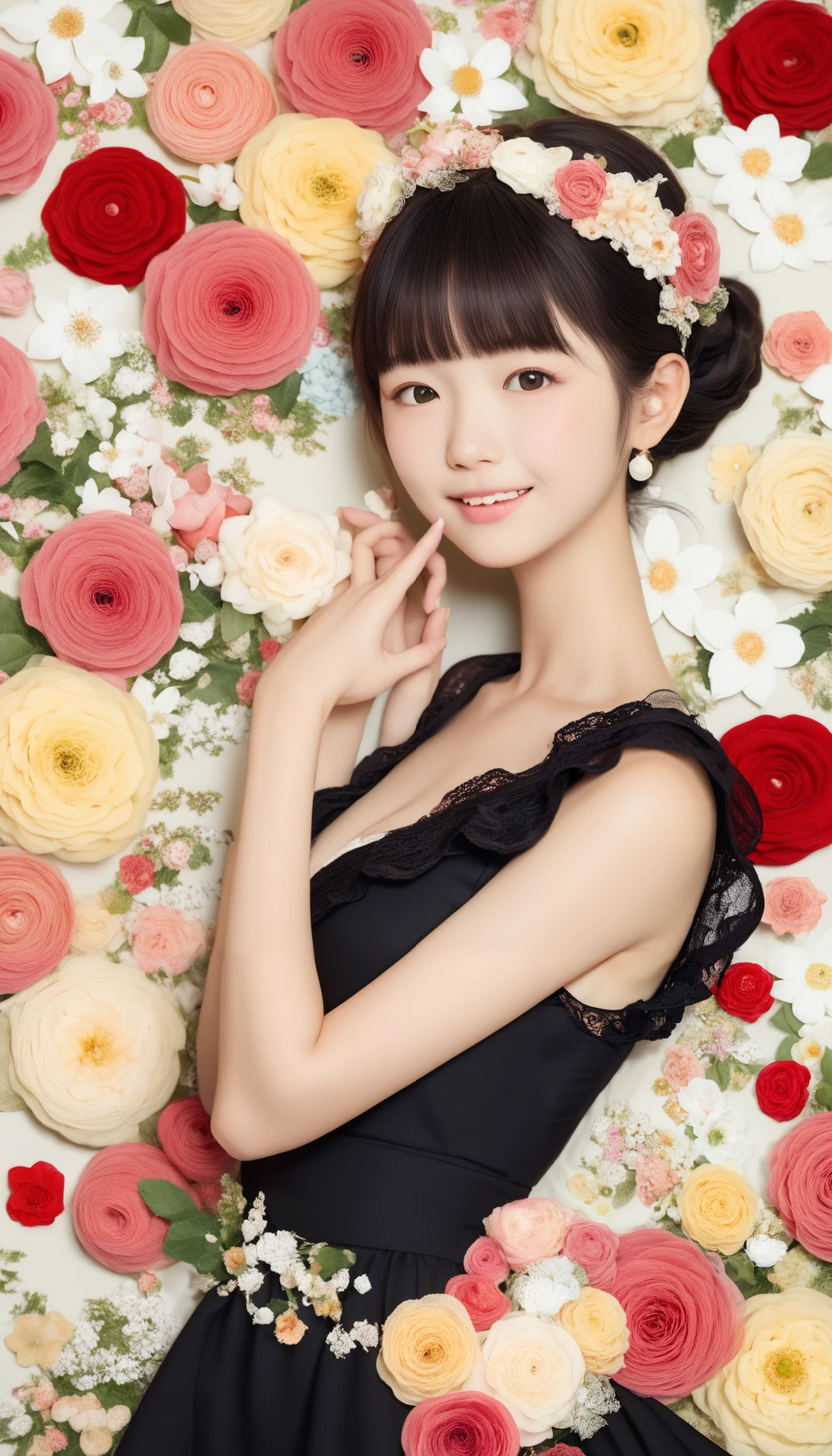  beautiful woman、 full body angle、 Flower Arrangements、 Wabi Sabi Art 、 super detailed_face_eye、非常に詳細なface、  black dress、white、gray、red、Parchment、抽象的 Flower Arrangements、Three big flowers、 dreamy art 、silence、 wallpaper、 top quality、masterpiece、 high definition 、８ｋ