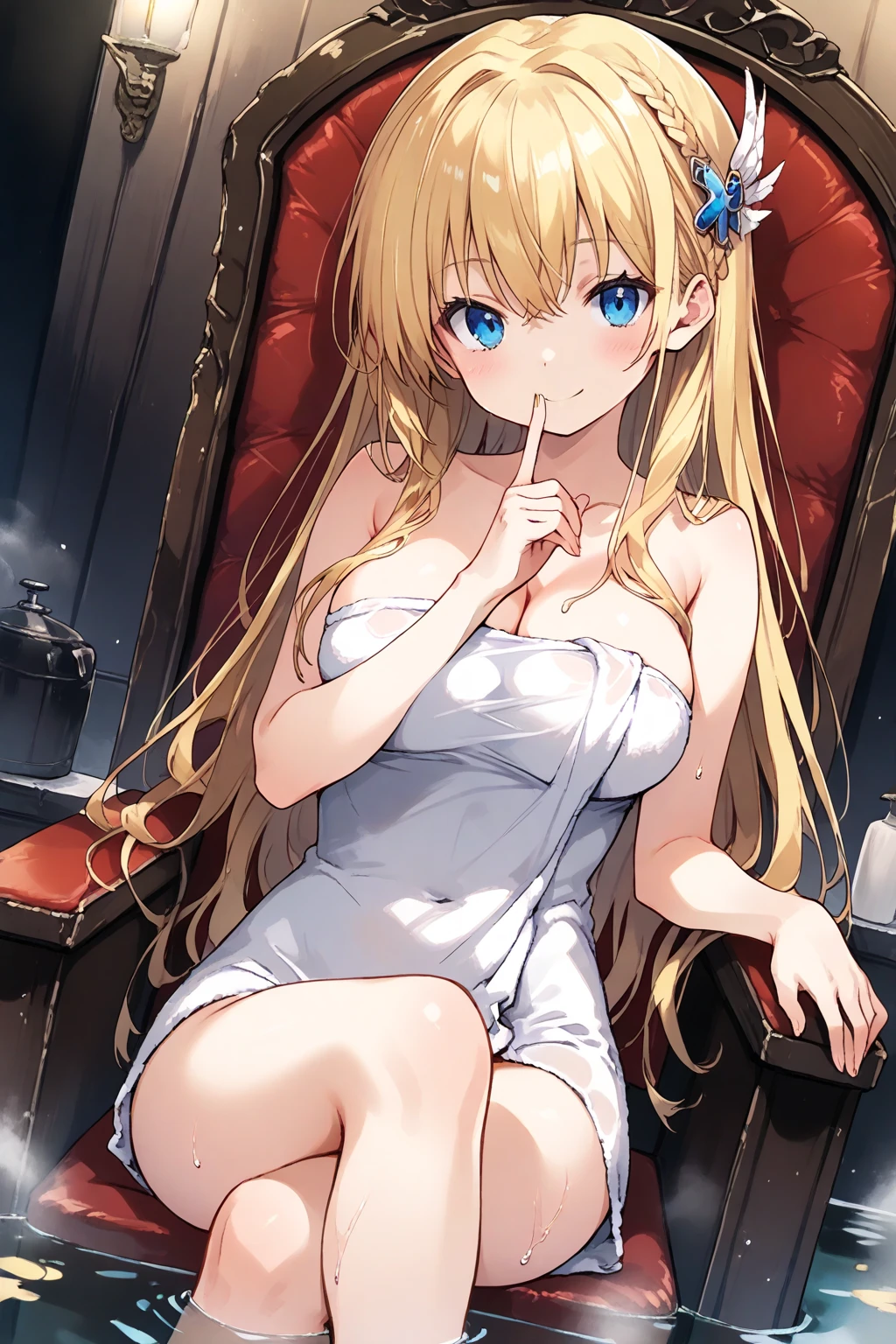 masterpiece, best quality, absurdres, ultra-detailed, very aesthetic, key visual, angelica_knight, 1girl, solo, long hair, blue eyes, bangs, blonde hair, braid, large breasts, cleavage, hair ornament, (loli), naked towel, smile, closed mouth, bathroom, steam, ((water drop:1.2)),hot spring,(dutch angle:1.5),((Sitting highly on her throne:1.4)),(finger to mouth),(reclining:1.3),crossed legs,