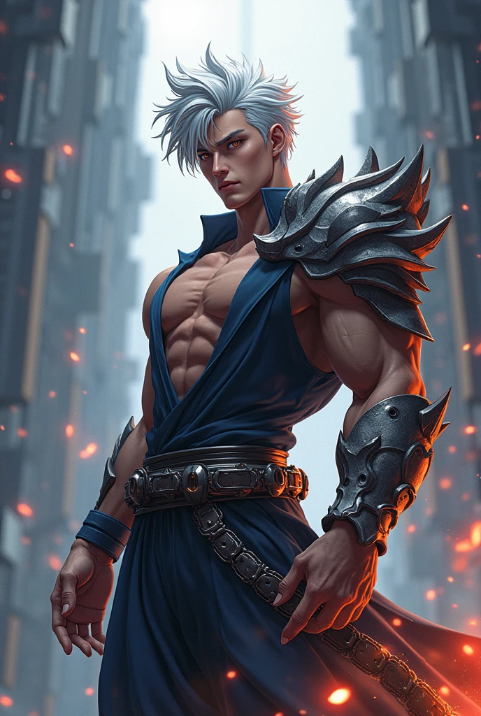 (absurdres, highres, ultra detailed), masterpiece, best quality, real light and shadow, solo, a boy with white hair, red sleeveless outfit, handsome, finely eye, detailed face, detailed eye, black scarf, two swords, dual-swords, a swords surround by blue flame, tattoo, from below, look down, ruined city, dark background, swirl, spark, cowboy shot, BREAK, blue eyes, GlowingRunes_paleblue